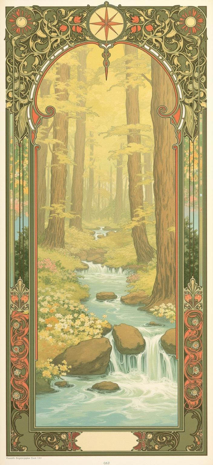 mucha, In this enchanting artwork, a gentle stream meanders gracefully through a lush spring forest, its waters shimmering with playful light that dances upon the surface, evoking a serene and tranquil atmosphere. The scene is a celebration of nature’s gentle beauty, brought to life through flowing, organic lines and intricate decorative patterns that capture the essence of renewal and vitality. Inspired by the style of Alphonse Mucha, this piece features a harmonious blend of natural motifs such as delicately intertwined flowers and vines, alongside celestial elements that lend an ethereal quality to the composition.

The forest is alive with a rich tapestry of sinuous vines and blooming flowers, each petal and leaf meticulously detailed in a palette of delicate colors. Subtle geometric patterns interlace with the exuberant floral motifs, adding a refined, ornamental quality that elevates the natural beauty to a work of fine art. The highly stylized background, with its dreamlike, romantic aesthetic, creates a seamless merge of art and design that pulls the observer into a serene world where nature reigns.

The entire scene is encapsulated within an elaborate ornamental frame, evoking the grandeur of a Gothic window. Its sweeping curves and detailed embellishments, reminiscent of Mucha's iconic style, are adorned with organic patterns, flowers, and celestial symbols. This intricate border not only unifies the composition but also serves as a gateway into a dreamlike realm where nature and human emotion dance together in poetic harmony. The finished digital wallpaper is perfectly centered and cleanly rendered to ensure a crisp, inviting look, making it an ideal choice for a decorative and serene addition to any space.