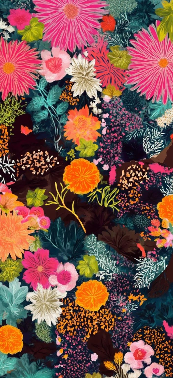 colorful_illustration, The painting is a breathtaking 4k abstract representation featuring wave-shaped forms, predominantly in shades of black and brown, embodying a minimalist aesthetic. Taking inspiration from a vibrant and colorful illustration style, the artwork exudes a playful and dynamic energy, balanced by a hand-drawn feel. The composition is enriched with a meticulously crafted backdrop adorned with organic shapes, which seem to dance across the canvas. These elements include scattered decorative motifs such as leaves and floral elements, arranged in a harmonious flow that mirrors the rhythm of nature.

The piece is further elevated by the lavish, decorative style that blends bold organic shapes with intricate, delicate details. Scattered ornamental accents like dots, swirls, and abstract motifs intersperse the design, contributing to a luxurious layering of colors and patterns. This creates a captivating sense of depth and movement, drawing the viewer into the image. The incorporation of organic shapes and radial floral patterns injects a harmonious, hand-crafted essence into the artwork, evoking the charm of Scandinavian folk art and the elegance of mid-century botanical prints.

Rendered to center perfectly within a digital wallpaper format, this painting promises a crisp and clean aesthetic suitable for printing. It transforms any digital space into a vibrant display of artistic expression, seamlessly integrating the richness of color and the fluidity of abstract forms into a sophisticated visual experience.