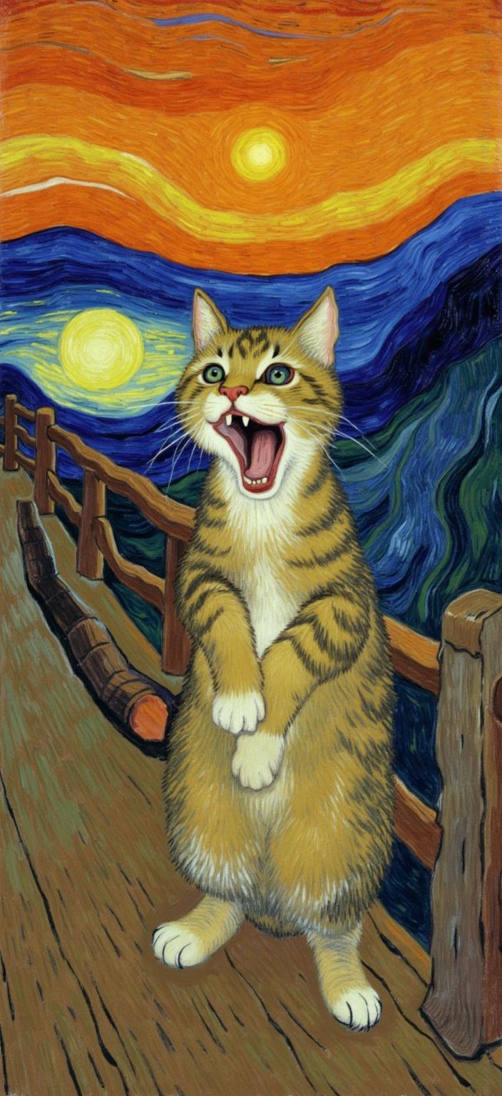van_gogh, A captivating, humorous scene unfolds in this digital painting, depicting a wide-eyed, surprised cat standing on a bridge, its mouth open in a dramatic, exaggerated scream. The composition draws inspiration from Edvard Munch's iconic 'The Scream,' showcasing the front view of the cat with an expression that is both surreal and comical. Painted in a style characterized by intense color, dynamic brushwork, and bold, expressive compositions, the artwork features vivid, rich colors applied in thick, impasto layers, adding to the sense of movement and emotional depth. The background comes alive with a swirling sunset sky in vibrant orange, deep purple, and cool blue tones, painted with expressive brush strokes that resemble curling, flame-like patterns, giving the scene a rhythmic, pulsating quality.

This visual masterpiece employs bold complementary color contrasts—such as blue and orange, and yellow and purple—to heighten its visual impact and intensity. The loose, energetic brushstrokes convey a sense of urgency and raw emotion, making the artwork both deeply personal and universally compelling. The overall atmosphere is one of drama, surrealism, and humor, perfectly capturing the essence of the scene in a style that is both reminiscent of Munch and uniquely its own. The painting is meticulously centered, ensuring a crisp, clean look, making it an ideal choice for digital wallpaper, inviting viewers to immerse themselves in its vibrant, whimsical world.