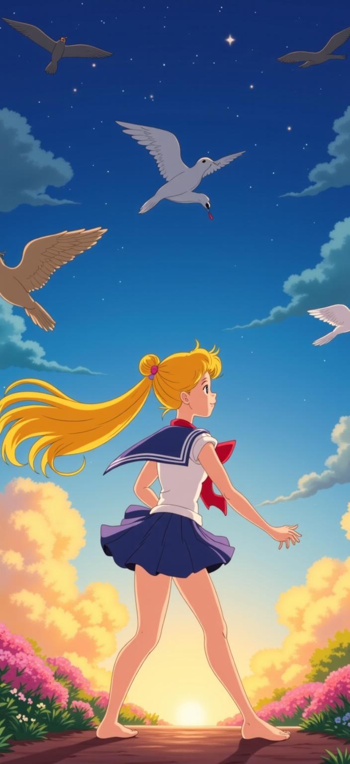 ghibli_illustration, Enriched prompt: 

Create a digital wallpaper for a laptop featuring the iconic character Sailor Moon, designed in a resolution of 3840x2160. The artwork should capture the essence of hand-drawn animation with richly detailed backgrounds and expressive character designs. Sailor Moon stands gracefully at the center of the composition, exuding her signature elegance and strength. Her long flowing hair and sailor-themed outfit are depicted with soft, painterly textures, giving them a hand-drawn feel complete with delicate pencil sketches and subtle imperfections that add to the artwork's organic movement. 

The background is vibrant yet maintains a whimsical and joyful aesthetic, with warm, natural lighting casting a cozy and inviting glow over the scene. The colors are vivid but slightly muted, deliberately avoiding harsh contrasts to preserve a dreamy, nostalgic quality. Surrounding Sailor Moon, the richly detailed background is alive with everyday objects and textures—perhaps a serene night sky filled with stars or a magical landscape—that are meticulously rendered to make the scene feel tangible and lived-in. This attention to detail ensures that both the character and her surroundings are accurately proportioned and clearly visible, creating a nostalgic and dreamlike quality reminiscent of cherished memories. The entire image is centered to ensure a crisp, clean look, making it a perfect fit for use as a high-quality digital wallpaper.