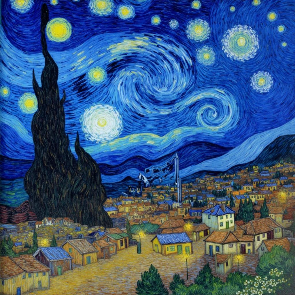 van_gogh, Enriched prompt: 

The painting captures a starry night over a peaceful village, where the serene setting is brought to life with an explosive palette of intense color, dynamic brushwork, and bold, expressive compositions. The sky is a swirling symphony of vivid, rich blues and deep indigos, with stars twinkling like fiery embers against the dark, velvety night. Layers of thick, impasto paint bring a sense of movement and emotional depth to the heavens, which seem to dance with each brushstroke. 

Below, the quaint village rests quietly under the celestial show, the rooftops and cobblestone streets illuminated by the soft, warm glow of yellow-orange street lamps, contrasting dramatically with the cool blues of the night. Bold complementary colors, like blues against oranges and yellows against purples, create a heightened visual impact and intensity, ensuring every inch of the canvas pulsates with life.

The loose, energetic, and often swirling brushstrokes infuse the scene with a rhythmic, almost pulsating quality, as if the entire landscape is alive and breathing. Curly, flame-like patterns ripple through the sky and landscape, their dynamic touch giving a sense of motion and life, while vigorous, linear patterns add depth and complexity.

This painting is infused with raw emotion and a sense of urgency, capturing both a deeply personal and universally compelling moment. The dramatic sky and serene village are centered within the composition, ensuring a crisp, clean look that makes it perfect for printing as wall art, transforming any space into a window to this enchanting, energetic world.