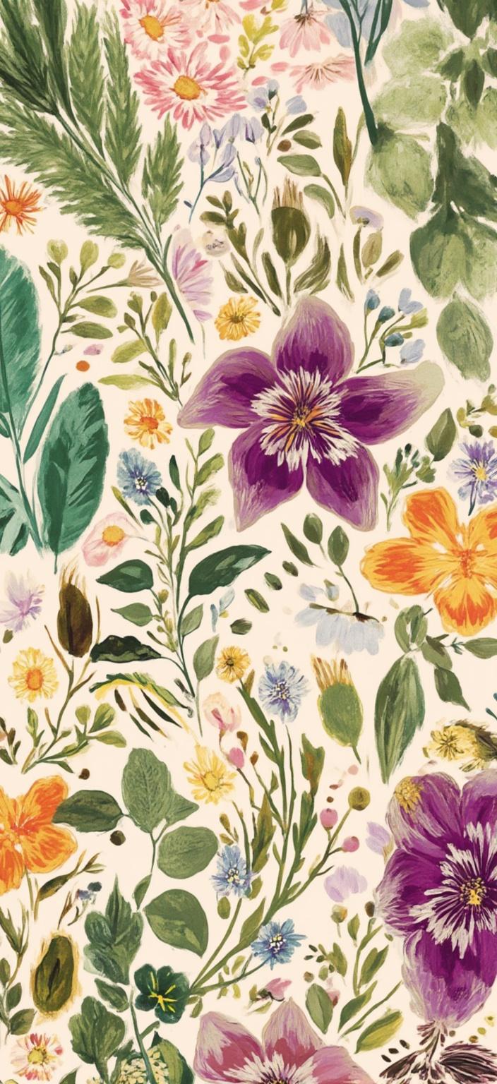 colorful_illustration, Enriched prompt: Imagine a vintage botanical drawing of herbs, reimagined with a vibrant and colorful illustration style. This piece is designed to be a captivating digital wallpaper, blending the classic allure of botanical art with a playful, dynamic, and hand-drawn feel. The composition centers on an array of intricately detailed herbs, each leaf and stem meticulously rendered to capture their unique textures and forms. In the background, organic shapes and scattered decorative elements infuse the artwork with a natural, free-flowing quality. These elements are thoughtfully arranged, with various leaves and floral motifs harmoniously spanning the canvas.

Drawing inspiration from a lavish, decorative style, the artwork's intricate composition intertwines bold organic shapes with delicate details. Scattered ornamental elements, such as dots, swirls, and abstract motifs, add a sense of whimsy and elegance, creating a luxurious layering of colors and patterns. This intricate tapestry of shapes and colors builds a sense of depth and movement, captivating the viewer and making the piece an ideal centerpiece for a digital setting.

The organic shapes and radial floral patterns evoke a harmonious, hand-drawn feel reminiscent of Scandinavian folk art and mid-century botanical prints. The overall effect is one of vibrant charm and timeless beauty, resulting in a captivating work of art perfectly suited for digital wallpaper.