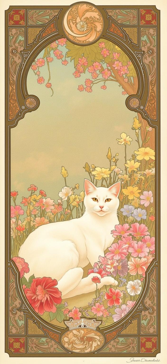 mucha, Enriched prompt: A captivating digital painting features a serene white cat nestled amidst an enchanting tapestry of vibrant flowers. The scene captures the essence of Art Nouveau, with flowing, organic lines and intricate decorative patterns that create a harmonious visual experience. The white cat, with its soft fur and gentle demeanor, is adorned with delicate floral motifs, harmoniously blending into its surroundings. Sinuous vines and blooming flowers weave around the feline, forming a lush, dreamlike garden.

The background is a symphony of stylized elements, combining natural motifs like flowers, vines, and celestial symbols to evoke a romantic, ethereal atmosphere. Subtle geometric patterns intermingle with the floral scenery, lending an ornamental refinement to the composition. Delicate colors—soft pastels and earthy tones—imbue the image with a timeless elegance, drawing inspiration from Mucha's signature aesthetic.

An elaborate ornamental frame encases the entire scene, reminiscent of a grand Gothic window. This intricate border, adorned with organic patterns of flowers and celestial symbols, serves as both a visual anchor and a gateway into a dreamlike realm where nature and emotion poetically intertwine. The overall composition is centered to ensure a crisp, clean look, making it ideal for digital wallpaper, providing a serene and artistic touch to any digital space.