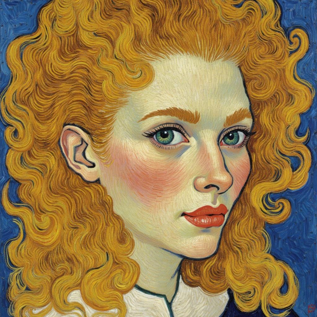 van_gogh, Create a striking portrait of a young woman with cascading blonde curly hair that embodies both elegance and vitality. The painting should harness intense color and dynamic brushwork, drawing inspiration from styles marked by bold, expressive compositions. Her curls should be depicted with energetic, swirling brushstrokes resembling flames, contributing to a rhythmic, pulsating quality that breathes life into the canvas.

The artwork should incorporate vivid, rich colors applied in thick, impasto layers, capturing a sense of movement and emotional depth. Utilize bold complementary color contrasts, such as blue and orange, or yellow and purple, to heighten visual impact and intensity. The palette should be vibrant, with colors that leap from the canvas, engaging the viewer and conveying a spectrum of emotions.

Ensure the painting resonates with raw emotion and a sense of urgency, aligning with the style’s hallmark of making the artwork both deeply personal and universally compelling. Center the image for a crisp, clean look, making it perfectly suited for wall-art. This central composition not only complements the vivid intensity of the painting but also ensures it stands out as a captivating centerpiece in any space.