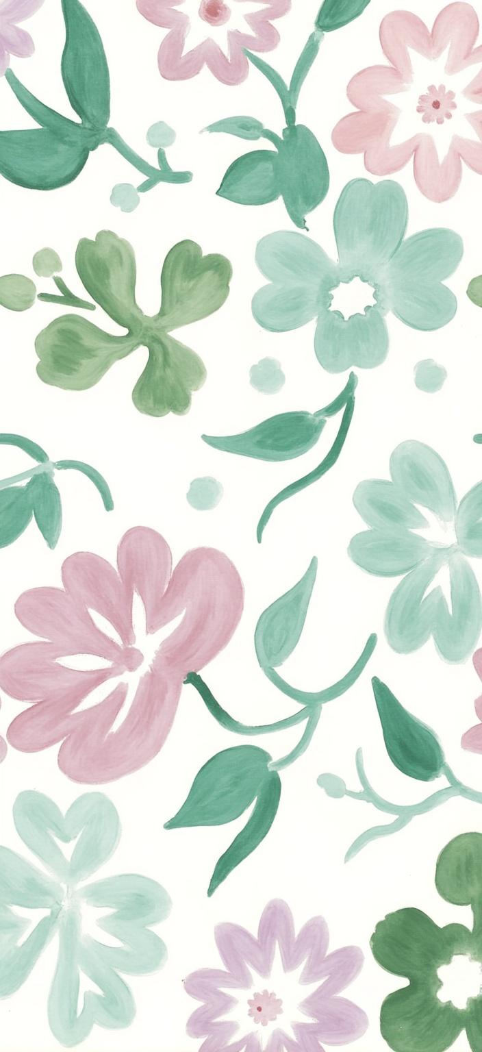 mattise_nice, A captivating digital wallpaper featuring abstract floral patterns that dance across the canvas with an elegant fluidity. The composition is painted in the "Matisse in Nice" style, drawing inspiration from Henri Matisse's vibrant and expressive use of colors and forms. This artwork celebrates the essence of spring, with a harmonious palette of mint, blush, lavender, and cream, creating an inviting and serene atmosphere. Each floral motif is rendered with the soft, dreamy quality of watercolor, adding depth and texture to the piece. The design is centered meticulously, ensuring a crisp and clean look that enhances its suitability for printing as digital wallpaper, transforming any space into a tranquil floral sanctuary.