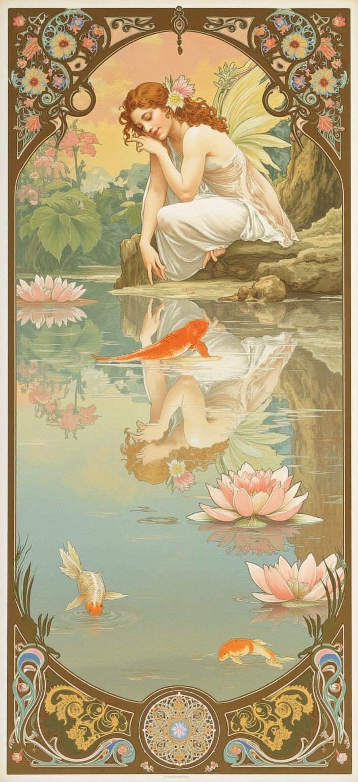 mucha, In the center of this enchanting digital wallpaper, a peaceful fairy gracefully kneels beside a tranquil lily pond, her delicate fingers gently touching the shimmering water. Surrounding her are vibrant koi fish that swim with ethereal grace, their vibrant scales reflecting a kaleidoscope of colors in the serene pond. The surface of the water is adorned with exquisite lotus blossoms, their petals displaying a range of pastel hues, creating a sense of harmony and elegance. 

The fairy's reflection in the water forms a mirrored Art Nouveau pattern, echoing the flowing, organic lines that define the painting's style. Her wings, translucent and iridescent, gracefully mimic the intricate decorative patterns reminiscent of Mucha's artistry. The scene is enveloped in a dreamlike atmosphere with a backdrop that blends celestial elements like softly glowing stars and swirling vines entwined with blossoms.

The composition is further enhanced by a rich palette of delicate colors, from soft pinks and blues to gentle greens and golds, all harmoniously intertwined to evoke a sense of romance and tranquility. Sinuous vines and blooming flowers add exuberance to the composition, while subtle geometric patterns provide a refined ornamental quality.

An elaborate ornamental frame encircles the entire scene, its sweeping curves and detailed embellishments drawing inspiration from a grand Gothic window. This intricately adorned border, with its organic patterns, delicate flowers, and celestial symbols, not only unifies the visual elements but also acts as a gateway into this fantastical realm. This artwork invites viewers into a serene and poetic harmony where nature and human emotion seamlessly intertwine, capturing the essence of a dreamlike escape perfectly suited for a digital wallpaper.