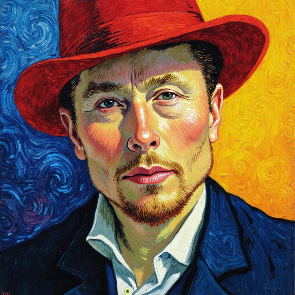 van_gogh, **Enriched Prompt:**

Create a vibrant and expressive portrait of Elon Musk, prominently featuring him wearing a distinctive red hat. The painting should capture Musk's essence, with intense color and dynamic brushwork that bring his persona to life. The composition is bold and expressive, utilizing vivid, rich colors applied in thick, impasto layers to create a profound sense of movement and emotional depth. 

Incorporate bold complementary color contrasts, such as vivid blues and striking oranges, or bright yellows against deep purples, to heighten the visual impact and intensity of the artwork. The brushstrokes should be loose and energetic, with swirling, curly, flame-like patterns that impart a rhythmic, almost pulsating quality to the piece. This dynamic touch, combined with vigorous, linear patterns, should convey a unique sense of motion and vitality.

Infuse the painting with raw emotion and an unmistakable sense of urgency, making it both deeply personal to Musk's character and universally compelling. Center the composition to ensure a crisp, clean look, making it ideal for printing as wall art, where it can command attention and inspire conversation in any setting.