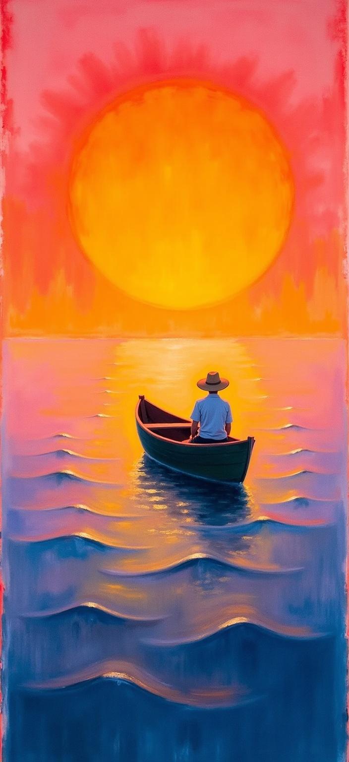 rothko, In the enriched painting, a small rowboat is gently drifting through the rhythmic, undulating waves of a serene sea, each wave delicately reflecting the warm hues of a breathtaking sunset. The man in the boat is depicted from behind, distinguished by his straw hat that shields him from the fading golden light. The scene is bathed in a mesmerizing palette of translucent colors that capture the essence of a vivid sunset––crimsons, oranges, purples, and soft pinks blending seamlessly into one another. 

The painting draws inspiration from a style characterized by a complex layering of translucent colors, creating an appearance of “inner light” and remarkable luminosity. From a close distance, the colors appear to melt and fuse together, with blurred boundaries that capture the fluidity of the scene. As the viewer steps back, soft-edged rectangles formed by these layers seem to hover weightlessly, conjuring floating zones of color that mimic the natural dance of light across the water.

Richly varied surfaces bring the painting to life, with paint drips or strokes that run in unconventional directions, adding a textural depth and dynamic movement to the composition. The piece is centered meticulously to offer a crisp, clean look, capturing the serene and contemplative moment of the man in his rowboat, and crafted perfectly for digital wallpaper, ready to transform any screen into a window to this tranquil moment at sea.