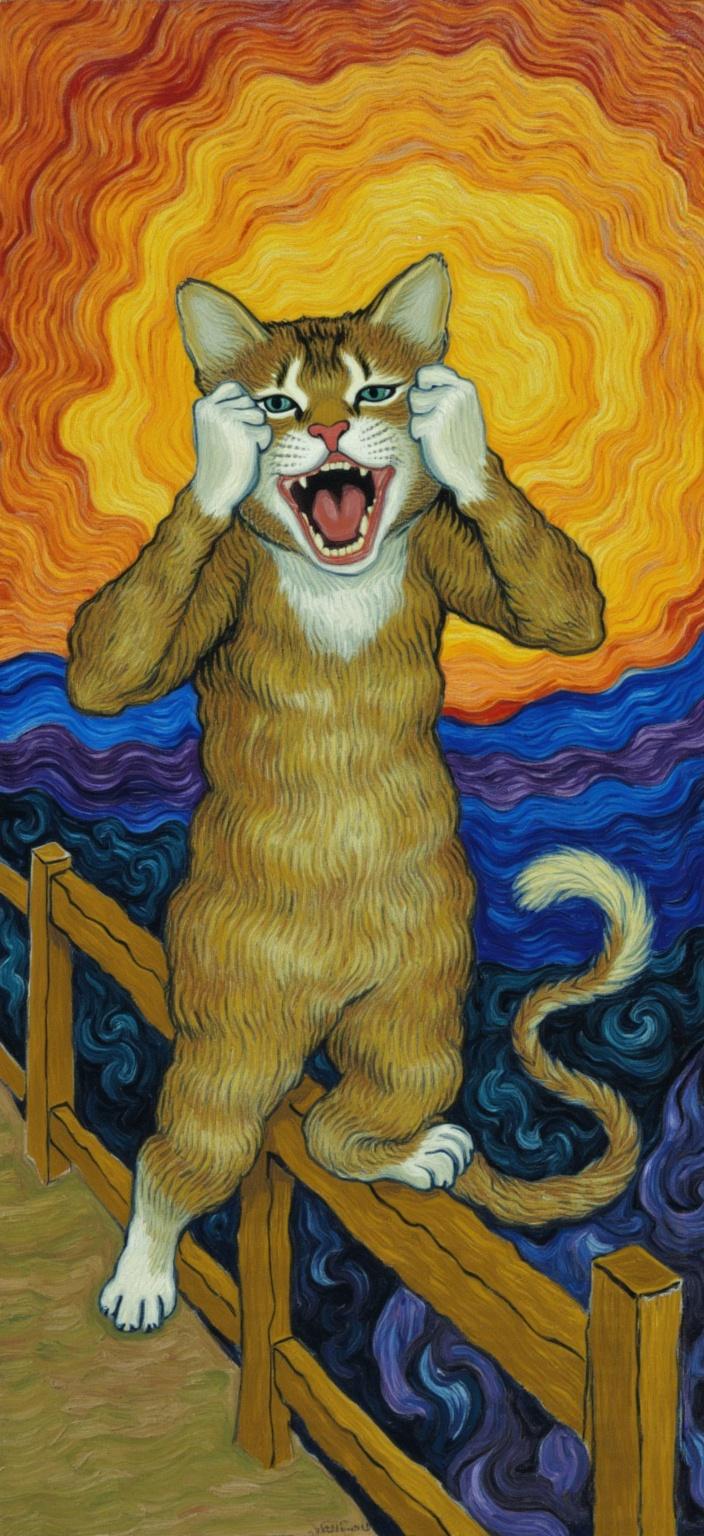 van_gogh, In this captivating digital painting, a humorous and surreal scene unfolds, depicting a wide-eyed cat standing on a bridge, mirroring the iconic expression of Edvard Munch's 'The Scream.' The cat's mouth is open in a dramatic, exaggerated scream, with its paws covering both ears, perfectly capturing an expression that is both comically surreal and full of raw emotion. The artwork draws inspiration from Munch's style, characterized by intense color, dynamic brushwork, and bold, expressive compositions.

The painting features vivid, rich colors applied in thick, impasto layers that create a vibrant sense of movement and emotional depth. The background is a swirling sunset sky, alive with vibrant orange, deep purple, and cool blue tones, painted with expressive, curling, flame-like patterns. These swirling patterns lend the sky a rhythmic, pulsating quality that enhances the overall surreal atmosphere.

This visual masterpiece employs bold complementary color contrasts—such as blue and orange, and yellow and purple—to heighten its visual impact and intensity. The loose, energetic brushstrokes convey a sense of urgency and raw emotion, resulting in an artwork that is both deeply personal and universally compelling. The painting's dynamic touch, combined with vigorous, linear patterns, infuses a unique sense of motion and life into the scene.

Meticulously centered, this artwork ensures a crisp, clean look that makes it an ideal choice for digital wallpaper. It invites viewers to immerse themselves in its vibrant, whimsical world, where drama, surrealism, and humor beautifully converge, creating a piece that is both reminiscent of Munch and uniquely its own.
