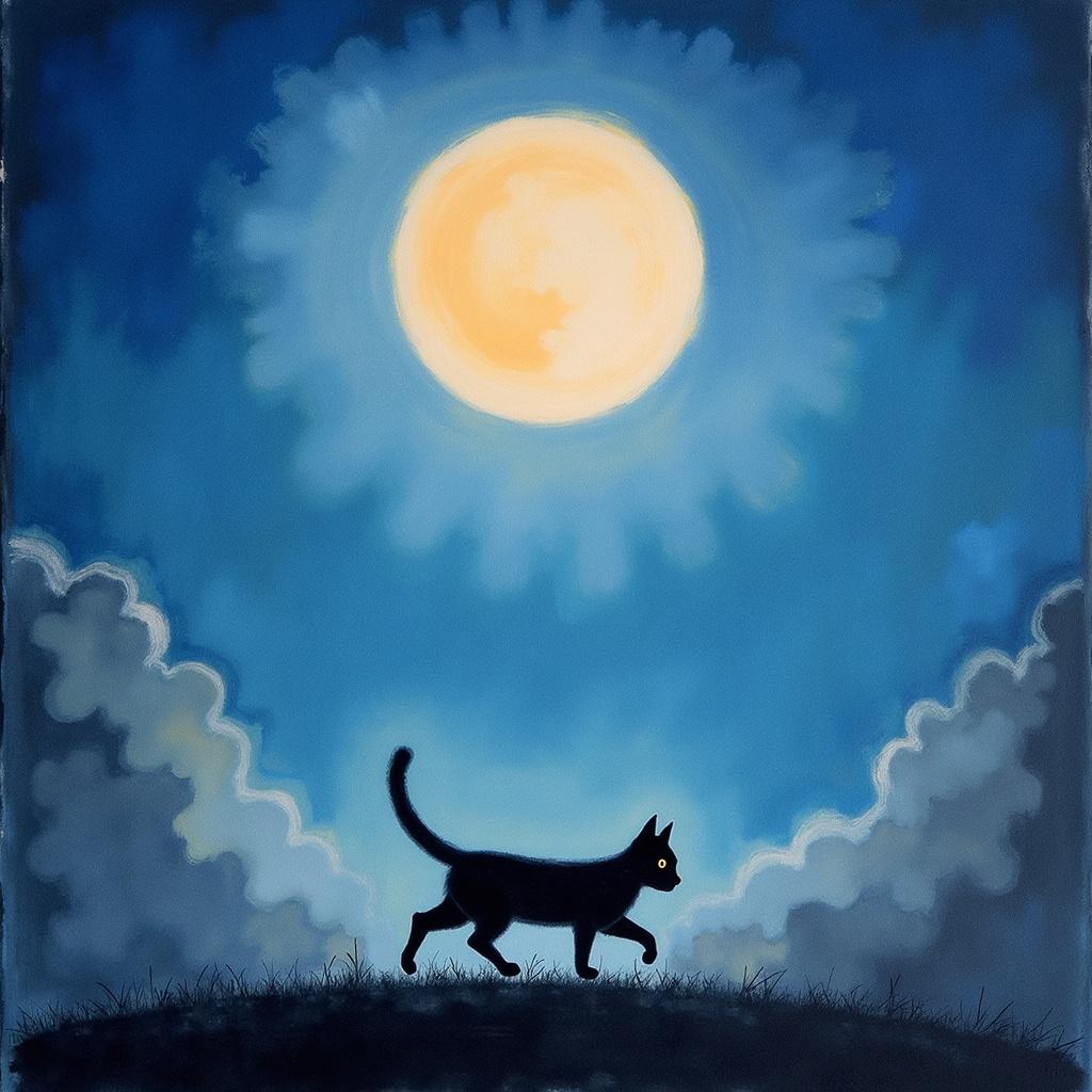 rothko, Under the gentle glow of a luminescent moon, a whimsical, silly cat dashes across the foreground, its form a playful silhouette against the night sky. The background features a mesmerizing tapestry of translucent color, echoing a sense of "inner light" as described in the painting style. The soft-edged forms of moonlit clouds and ethereal night sky blend together, creating a breathtaking harmony of hues that seem to melt and fuse seamlessly, their boundaries blurred in a serene dance. Richly varied surfaces within the painting exhibit subtle paint drips and strokes, running in unconventional directions, adding an element of dynamic energy to the scene. From a distance, floating zones of color hover weightlessly on the canvas, influencing the mystical ambiance. This artwork, centered precisely, ensures a crisp and clean aesthetic, making it ideal for printing as wall art, inviting viewers into a whimsical, dreamlike experience every time they gaze upon it.
