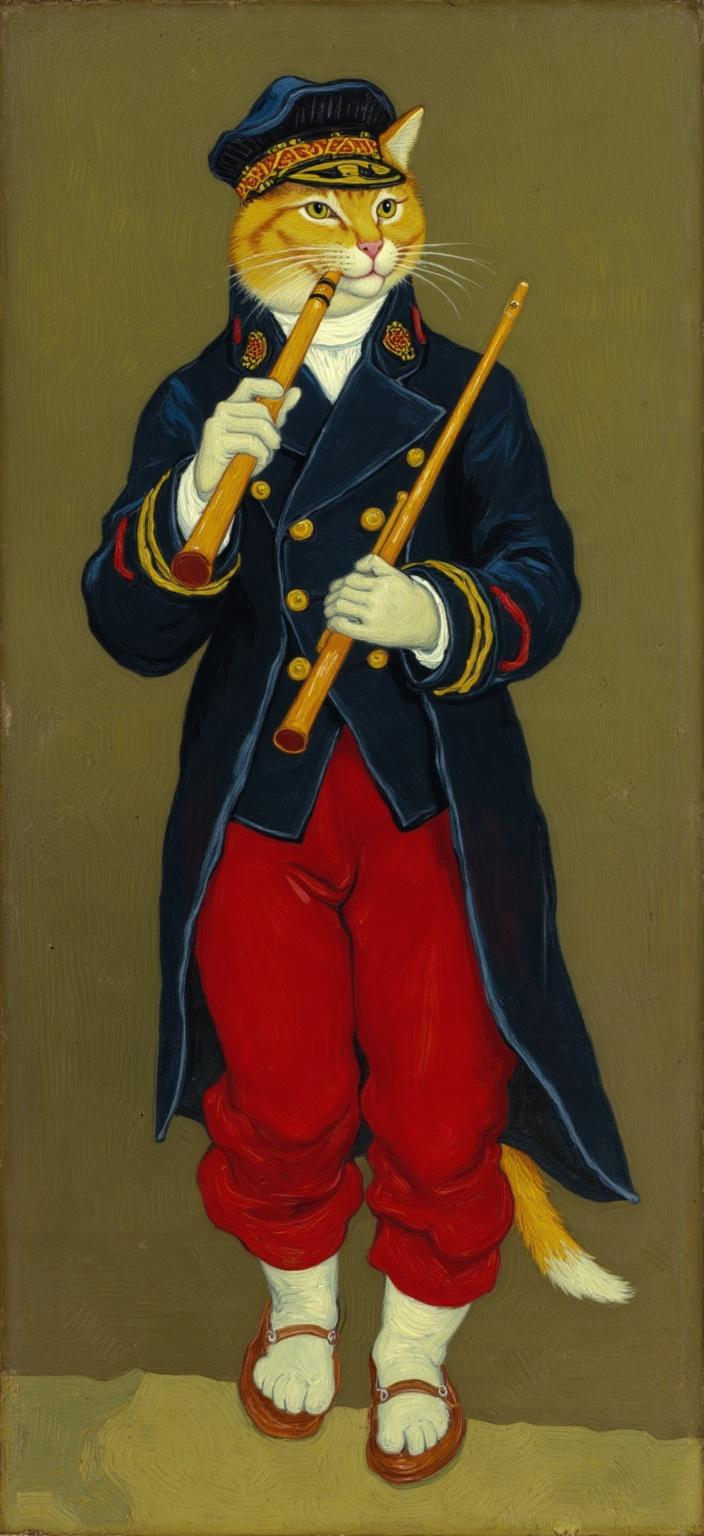 van_gogh, In a captivating and whimsically historical scene, we find an orange tabby cat standing proudly, dressed in a meticulously crafted military band uniform reminiscent of Édouard Manet’s ‘The Fifer’. The feline protagonist exudes a regal charm, adorned in red pants and a tailored dark navy jacket accented with gleaming gold buttons. Atop its head sits a military-style cap, richly detailed with eye-catching red and yellow accents, completing the ensemble. The cat holds a flute delicately with both paws, frozen in mid-performance, its expression a blend of pride and confidence, as if serenading an unseen audience.

The background envelops the subject in a muted, painterly olive-brown, expertly mimicking the textures of 19th-century oil paintings, creating an atmosphere that is both classic and slightly whimsical. The overall composition is finely detailed, capturing not only the sartorial elegance but also the lively spirit of the moment.

Rendered in a style drawing inspiration from intense color and dynamic brushwork, the painting pulses with bold, expressive compositions. It employs vivid, rich colors layered in thick, impasto style, imbuing the scene with a sense of movement and emotional depth. Bold complementary color contrasts, such as the interplay of blue and orange or yellow and purple, enhance the visual impact and intensity.

The brushstrokes are energetic and somewhat swirling, forming curly, flame-like patterns that contribute to a rhythmic, almost pulsating vibrancy. This dynamic touch, coupled with vigorous linear patterns, breathes life into the artwork, making it not only deeply personal but universally compelling.

Designed as a digital wallpaper, the image is centered to ensure a crisp, clean presentation when printed, allowing you to appreciate the intricate details and the dynamic emotion captured within this unique feline homage to historical grandeur.