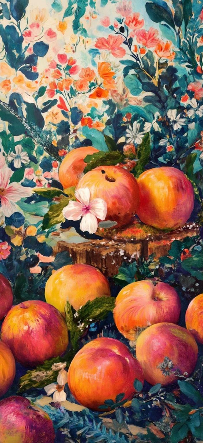 colorful_illustration, A vibrant and colorful illustration capturing a still life composition featuring succulent peaches and apricots nestled on a rustic wooden table, their soft hues and textures inviting the viewer into a luscious scene. Surrounding the fruits are delicate white flowers, their petals almost translucent, adding a touch of elegance and serenity to the setting. This painterly piece draws inspiration from a lavish decorative style, infusing the scene with playful, dynamic energy. The background is alive with organic shapes, swirls, and radial floral patterns that echo mid-century botanical prints and Scandinavian folk art, enhancing the composition with depth and movement. Splashes of bold colors intermingle with intricate details, where dots, abstract motifs, and scattered decorative elements like various leaves seamlessly blend to create a sense of harmony and natural, free-flowing quality. The entire image is centered, ensuring a crisp and clean presentation, perfectly suited for serving as a digital wallpaper that brings a touch of nature and artistic flair to any space.