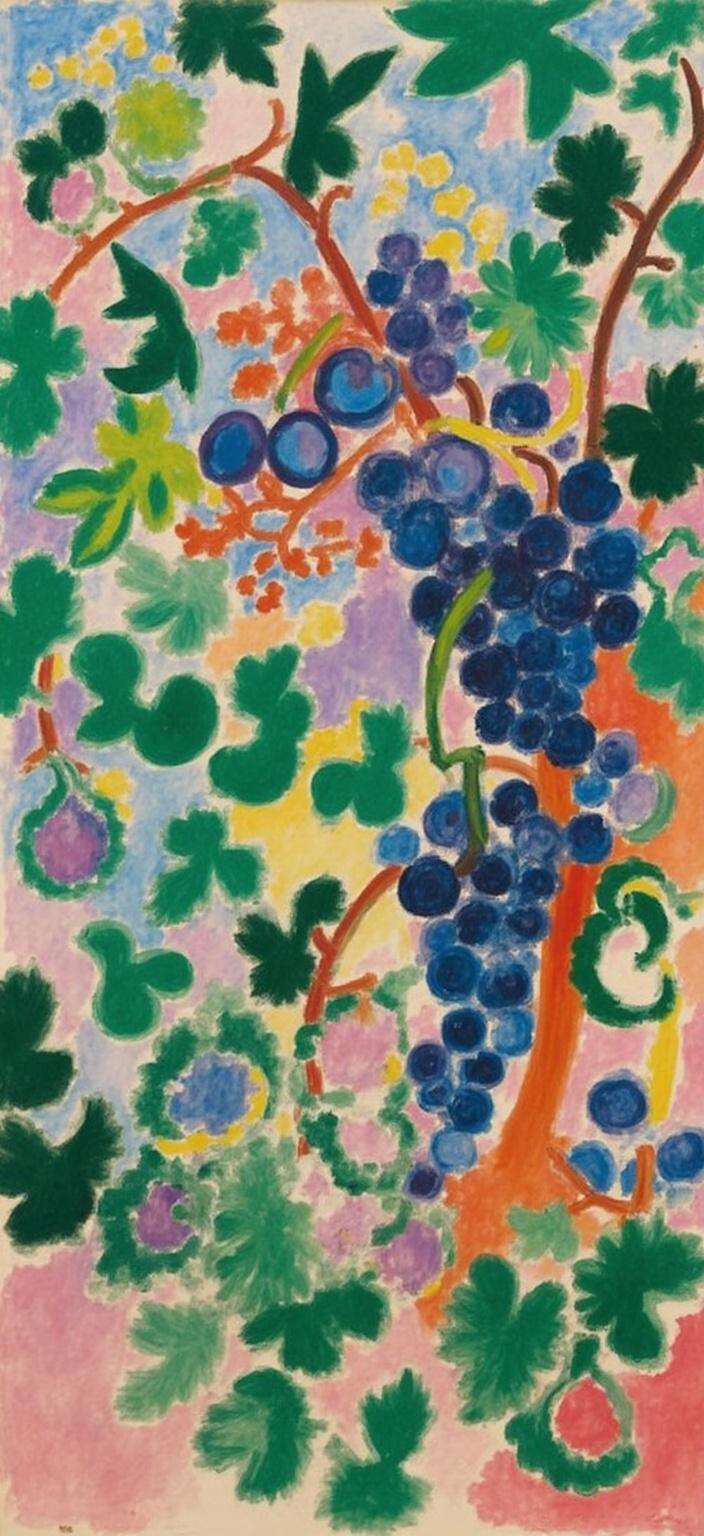 mattise_nice, In a lush and serene vineyard setting, a captivating scene unfolds, capturing the essence of tranquility and the beauty of nature. The focus of this digital painting is a bountiful arrangement of grapes and figs, intricately intertwined on a vibrant vine. Each grape and fig is rendered with exquisite detail, their rich hues of deep purples, greens, and warm earth-toned figs contrasting against one another, evoking a sense of abundance and vitality.

The scene is infused with the gentle play of dappled light and shadows, creating a dynamic interplay across the canvas. Sunlight filters through the leaves of the vine, casting soft, intricate patterns on the fruits below, capturing the ephemeral dance of light that characterizes a late afternoon in the vineyard.

Drawing inspiration from Matisse's "Nice" period, the painting adopts a bold, expressive use of color and form, with loose, fluid brushstrokes that imbue the scene with an air of elegance and modernity. The composition is artfully balanced, with a harmonious blend of vivid hues and soft pastels, ensuring a lively yet serene ambiance.

At the heart of this image is a sense of relaxation, inviting viewers to immerse themselves in the soothing vineyard scenery. The overall composition is centered, ensuring a crisp, clean look, making it ideal for printing onto digital wallpaper. This artwork transforms any space into a serene retreat, capturing the timeless beauty and tranquility of a sunlit vineyard.