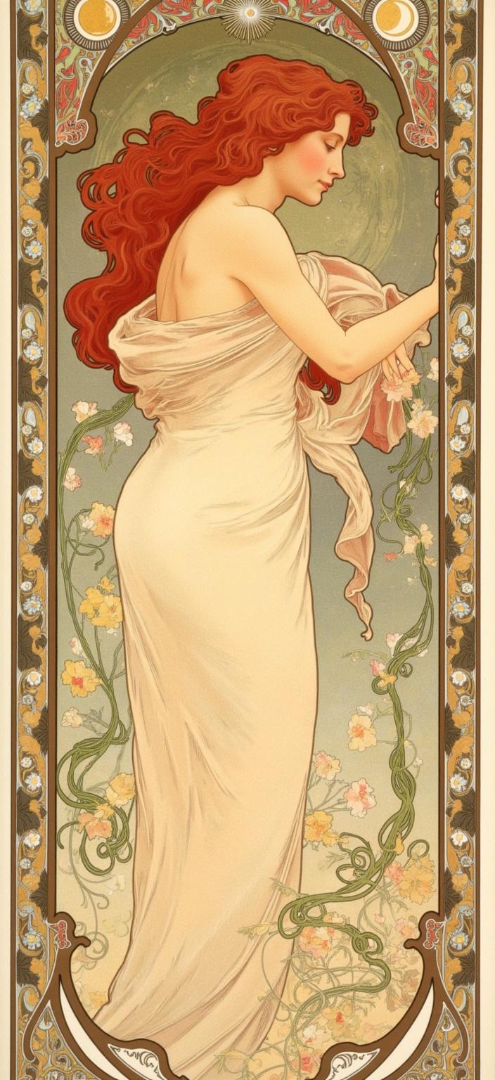 mucha, The painting captures a mesmerizing scene of a red-haired woman enveloped in a flowing dress, embodying an ethereal beauty that draws the viewer into a world of whimsy and grace. Her vibrant red locks cascade down in soft waves, their fiery hue contrasting elegantly with the delicate pastel shades of her gown. The dress flows around her in graceful, undulating lines, echoing the organic forms that define her surroundings.

Immersed in the style reminiscent of Alphonse Mucha, the composition is intricately adorned with patterns that speak of nature's gentle caress. Sinuous vines climb and twist around her form, interspersed with blooming flowers that seem to blossom with emotion. These motifs are interwoven with subtle geometric patterns, creating a harmonious blend that is both decorative and narrative, symbolizing the unity of human emotion with the natural world.

The background is a tapestry of stylized elements that contribute to the dreamlike, romantic aesthetic. Celestial symbols—stars, moons, and sunbursts—interact playfully with the floral motifs, crafting a scene that feels both grounded and otherworldly. The color palette is a delicate harmony of pastels and natural tones, with Mucha's signature blend of hues enhancing the painting's ambient tranquility and vibrant life.

Encircling this captivating scene is an elaborate ornamental frame that echoes the grandeur of a Gothic window with its sweeping curves and intricate embellishments. This frame, adorned with organic patterns, celestial symbols, and delicate florals, not only provides a visual anchor but also serves as a gateway into this enchanted realm. It invites the viewer to step into a poetic harmony where nature and human emotion dance in unison.

Perfectly centered for a crisp and clean digital wallpaper, this painting becomes a symphony of art and design, capturing the essence of Mucha's style while transforming any digital space into a serene, artistic haven.