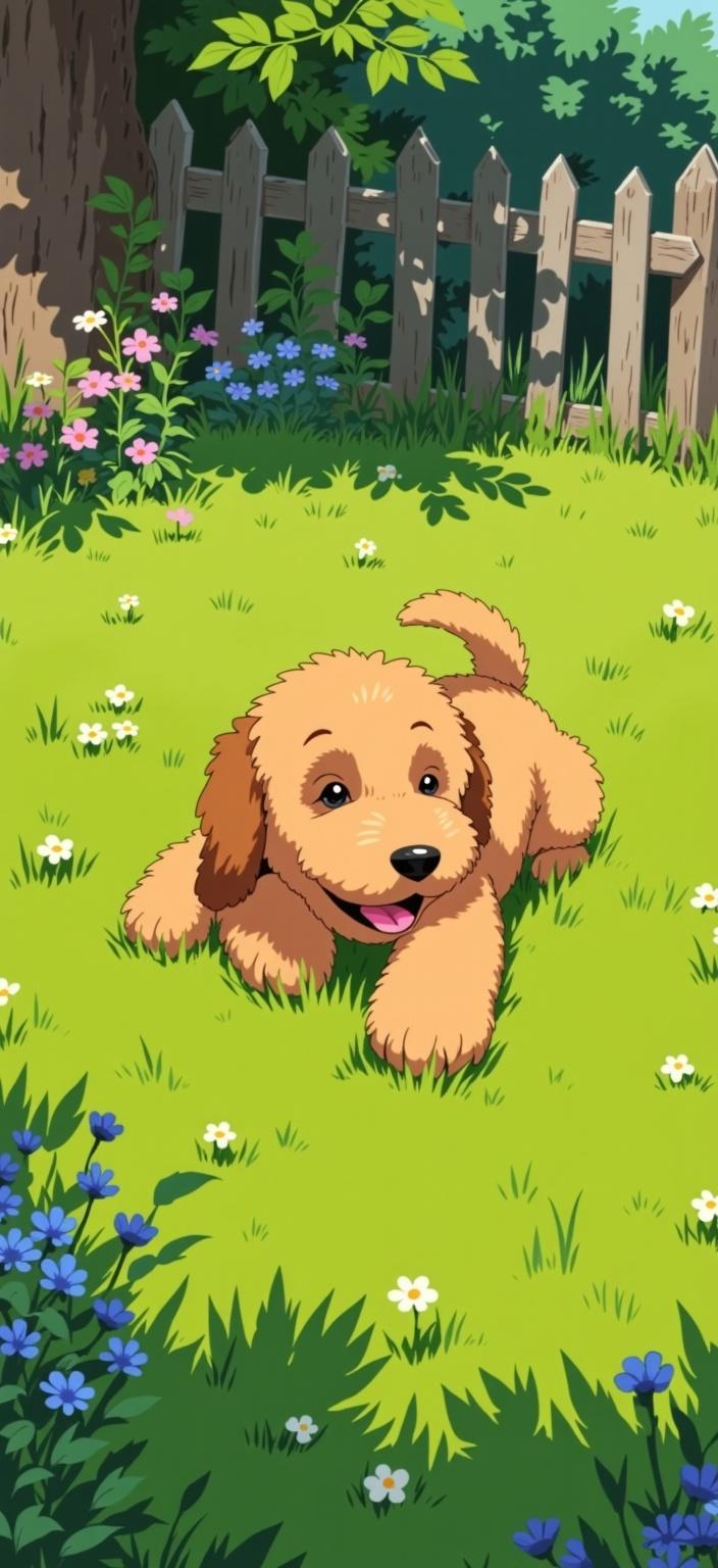 ghibli_illustration, Create a painting of a delightful scene centered in a digital wallpaper format, capturing the enchanting essence of a golden doodle lounging on a lush green lawn. The golden doodle, with its curly fur shimmering in the warm, natural lighting, embodies joy and playfulness. Its expressive eyes and delightful posture invite you into its whimsical world.

The setting is a hand-drawn animation style with richly detailed backgrounds that bring the scene to life. The lawn is a vibrant tapestry of greens, intricately rendered with subtle imperfections and organic movement, showcasing blades of grass that dance lightly in a gentle breeze. Surrounding trees and shrubs, painted with a soft, painterly texture, create a cozy and inviting atmosphere.

Colors in the scene are vivid yet slightly muted, blending seamlessly to evoke a dreamy, nostalgic quality without sharp contrasts. Everyday elements like a worn garden fence, a playful butterfly flitting by, and scattered wildflowers are meticulously illustrated, adding depth and tangibility to the landscape.

This composition is both whimsical and serene, capturing the essence of a joyful moment in a pet's day. The golden doodle is accurately proportioned and clearly visible, lit with a gentle glow that emphasizes its endearing presence on the wallpaper, making it an ideal choice for a digital wallpaper that transforms any screen into a window to a dreamlike, living canvas.