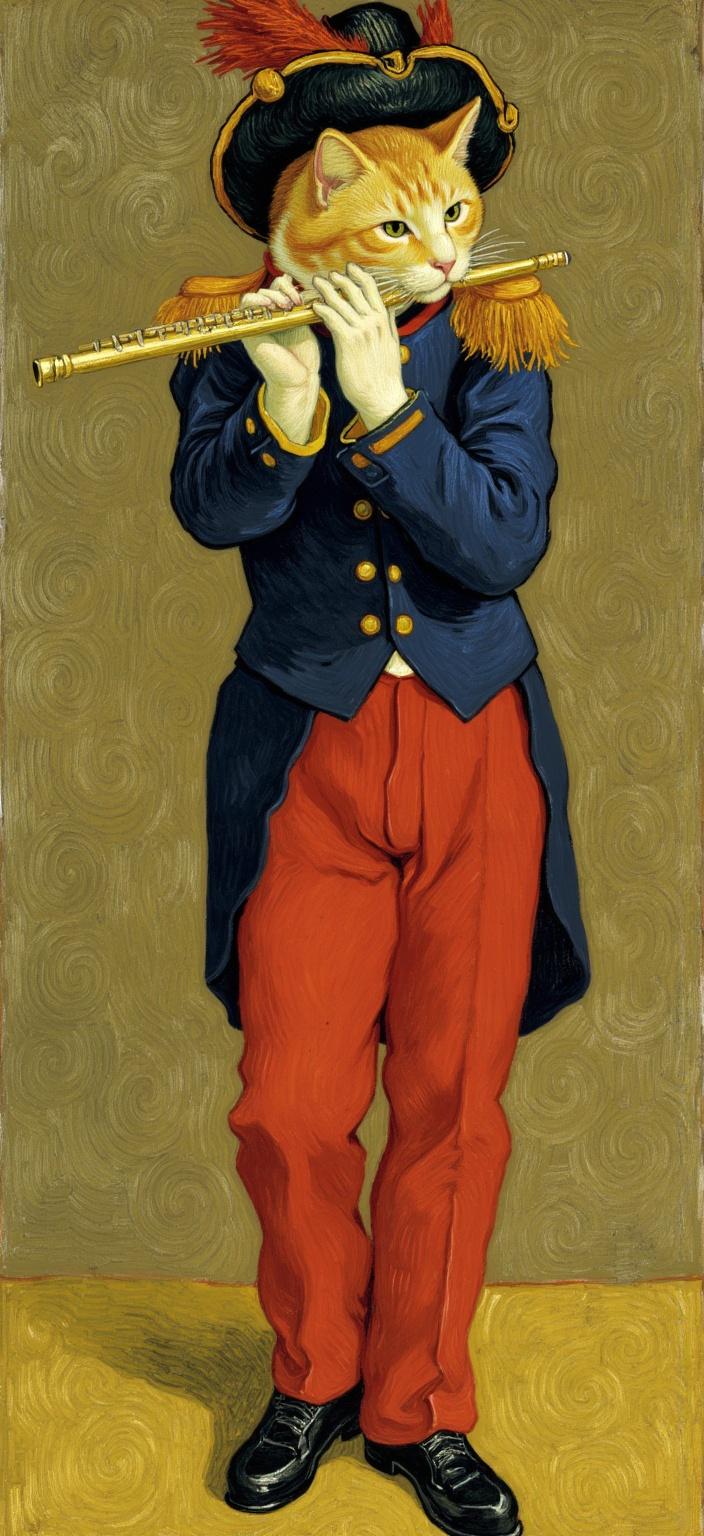 van_gogh, Enriched prompt: Visualize an engaging and vivid painting featuring a standing orange tabby cat dressed in an elaborate historical military band uniform, thoughtfully inspired by Édouard Manet’s iconic ‘The Fifer’. This whimsical yet classic piece captures the feline musician poised mid-performance, flute held predominantly with its left paw, positioned dynamically on the viewer’s right. The cat is clad in striking red pants and a dark navy jacket adorned with intricate gold buttons. Atop its head rests a distinguished military-style cap, accented with vibrant red and yellow hues, adding a touch of drama and authenticity.

The composition is infused with intense color and dynamic brushwork, drawing inspiration from the vibrant impasto style. Bold, expressive compositions come alive through vivid, rich colors applied in thick layers, creating an enticing sense of movement and emotional depth. The painting employs bold complementary color contrasts—like the harmonious interplay of blue and orange, or the striking juxtaposition of yellow and purple—to magnify its visual impact and intensity.

The background is a painterly dreamscape of muted olive-brown, reminiscent of 19th-century oil painting textures, which subtly complements the lively foreground with its swirling, curly, and flame-like brushstrokes. These vigorous, linear patterns instill the scene with a rhythmic, almost pulsating quality, delivering a unique sense of motion and life.

This exquisite art piece, with its raw emotion and urgency, invites viewers into a deeply personal yet universally compelling experience. Its crisp, clean composition makes it a perfect centerpiece for digital-wallpaper, transforming any space into an artistic sanctuary.