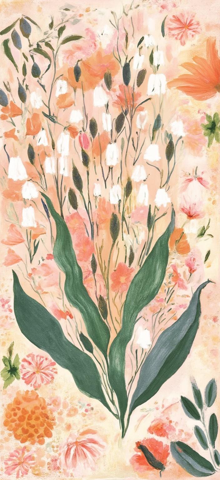 colorful_illustration, The painting features an elegantly arranged bouquet of Lily of the Valley flowers, embodying a minimalist charm while resonating with vibrancy and color. At the center, the delicate, bell-shaped white flowers rise gracefully from slender, arching stems with their gentle green leaves. The composition draws inspiration from a playful, dynamic hand-drawn style, where each flower and leaf is thoughtfully depicted with fluid lines and rich hues, creating an aura of joy and freshness.

The background is a lively tapestry of organic shapes, teeming with energy and movement. Scattered decorative elements, such as whimsical dots, ornate swirls, and abstract motifs, echo across the canvas, contributing to a sense of depth and rhythm. Various leaves and floral elements intertwine harmoniously, echoing the natural, free-flowing quality characteristic of the subject's minimalist purity.

This artwork embraces the intricate, lavish decorative style, seamlessly blending bold organic shapes with delicate details. The layering of colors and patterns is luxurious and immersive, evoking a sense of motion as the viewer's eye is drawn across the playful landscape. The dynamic interplay of radial floral patterns and organic forms is reminiscent of Scandinavian folk art and mid-century botanical prints, giving the piece a nostalgic yet contemporary appeal.

Centered precisely to ensure a crisp, clean look, this design is perfect as a digital wallpaper, offering a vibrant yet soothing visual experience for any space.