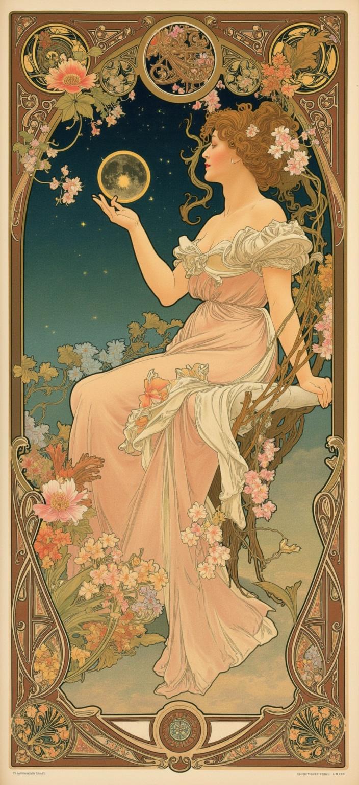 mucha, Enriched prompt: Create a dreamlike painting of a cafe terrace under a starry night, inspired by the flowing, organic lines and intricate decorative patterns of Art Nouveau style, drawing especially from the works of Alphonse Mucha. The scene captures the enchanting atmosphere of the terrace, with patrons enjoying their evening amidst an array of natural motifs. Sinuous vines and blooming flowers weave through the composition, blending harmoniously with celestial elements such as twinkling stars and a glowing moon. The painting features a harmonious color palette, utilising delicate hues that evoke a sense of romance and tranquility. The background is highly stylized, merging fine art with design to create an ethereal, dreamlike aesthetic.

The cafe scene is framed within an elaborate ornamental border reminiscent of a grand Gothic window. This intricate frame, adorned with organic patterns, flowers, and celestial symbols, not only unifies the composition but also invites the viewer into a poetic realm where nature and human emotion are intertwined. The entire artwork is centered, ensuring a crisp, clean look suitable for a digital wallpaper, making it an ideal piece for adding a touch of elegance and sophistication to any digital space.