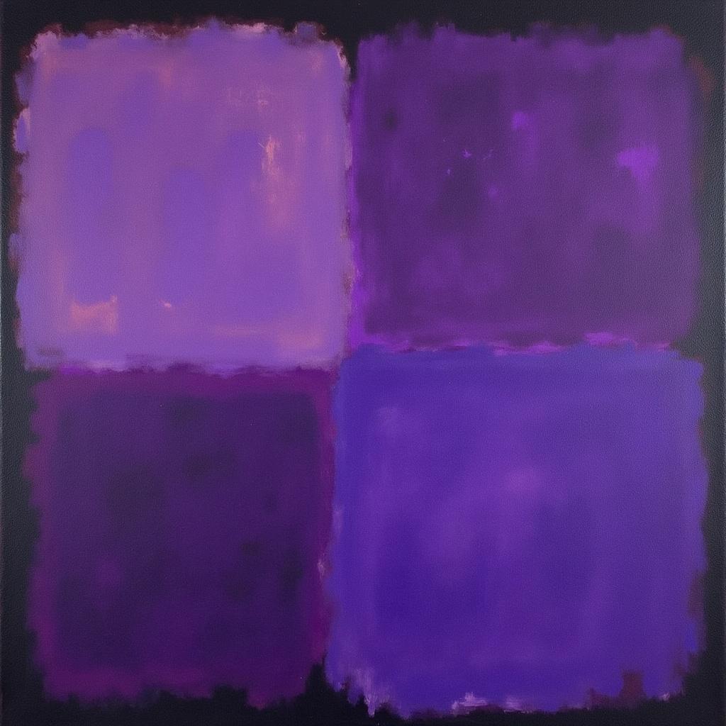 rothko, The painting is a mesmerizing composition of luminous blocks of purple and black, capturing the viewer's attention with its ethereal beauty. Drawing inspiration from a style renowned for its complex layering of translucent colors, this artwork allows light to filter through the pigments, bestowing the painting with an appearance of "inner light" and remarkable luminosity. Up close, the colors seem to melt and fuse into one another, creating blurred boundaries between the shapes that invite introspection and contemplation. From a distance, the softly edged rectangles float weightlessly on the canvas, transforming into hovering zones of color that challenge perception and illusion.

The richly varied surfaces are a testament to the artist's mastery, with paint drips or strokes running in unconventional directions, adding texture and movement to the overall composition. Each layer of paint interacts with the next, creating a dynamic interplay of depth and light, as if the colors themselves are alive and breathing.

Centrally placed to ensure a crisp, clean look, this artwork is perfectly suited for wall-art, bringing a touch of sophistication and modernity to any space. The luminous blocks of purple and black not only enhance the aesthetics of the environment but also evoke a sense of tranquility and introspection, making it an ideal centerpiece that captivates and inspires all who behold it.