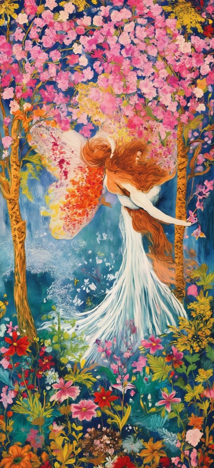 colorful_illustration, Enriched prompt: The painting captures the ethereal essence of a graceful fairy with flowing auburn hair, standing majestically under a canopy of blooming cherry blossoms. Her elegant gown, crafted from layers of delicate petals, cascades gracefully, while intricate flower vines wrap around her arms, evoking a sense of unity with nature. The scene is enveloped in a stylized Art Nouveau frame, adorned with exquisite gold filigree and organic curves that enhance its opulent appeal. 

Incorporating a vibrant and colorful illustration style, the artwork draws inspiration from dynamic, hand-drawn aesthetics. The background is an enchanting tapestry of organic shapes and scattered decorative elements, forming a lush composition of various leaves and floral motifs that artfully whisk across the canvas. The addition of harmonious arrangements imparts a natural, free-flowing quality to the design, beautifully aligned with the fairy's serene presence.

The intricate composition blends bold organic shapes with delicate details, capturing the essence of a lavish, decorative style. Scattered ornamental elements such as dots, swirls, and abstract motifs are woven throughout, accentuating the luxurious layering of colors and patterns. This technique creates an illusion of depth and movement, further enlivening the scene. The organic shapes and radial floral patterns channel the spirit of Scandinavian folk art and mid-century botanical prints, imparting a nostalgic, hand-crafted feel.

The composition is perfectly centered, ensuring that it provides a crisp, clean look, ideal for printing onto a digital wallpaper, transforming any space into a whimsical haven.