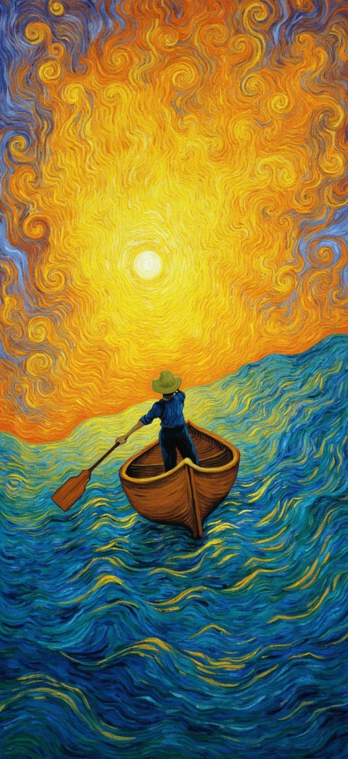 van_gogh, A captivating scene unfolds in this vibrant painting, centered around a small rowboat with a lone figure wearing a straw hat. The boat is depicted from behind, allowing viewers to connect with the man's serene journey as he gently drifts through rhythmic, undulating waves. The water mirrors the warm hues of a breathtaking sunset, creating a harmonious blend of colors that envelops the scene in a tranquil glow. The painting draws inspiration from a style characterized by intense color, dynamic brushwork, and bold, expressive compositions. Vivid, rich colors are applied in thick, impasto layers, creating a palpable sense of movement and emotional depth. Bold complementary color contrasts, such as blue and orange or yellow and purple, are skillfully employed to heighten the visual impact and intensity. The brushstrokes are loose, energetic, and often swirling, with curly, flame-like patterns that infuse the artwork with a rhythmic, almost pulsating quality. This dynamic touch, combined with vigorous, linear patterns, imbues the painting with a unique sense of motion and life. The artwork is infused with raw emotion and a sense of urgency, making it both deeply personal and universally compelling. This compelling composition is perfectly centered, ensuring a crisp, clean look that is ideal for digital wallpaper.