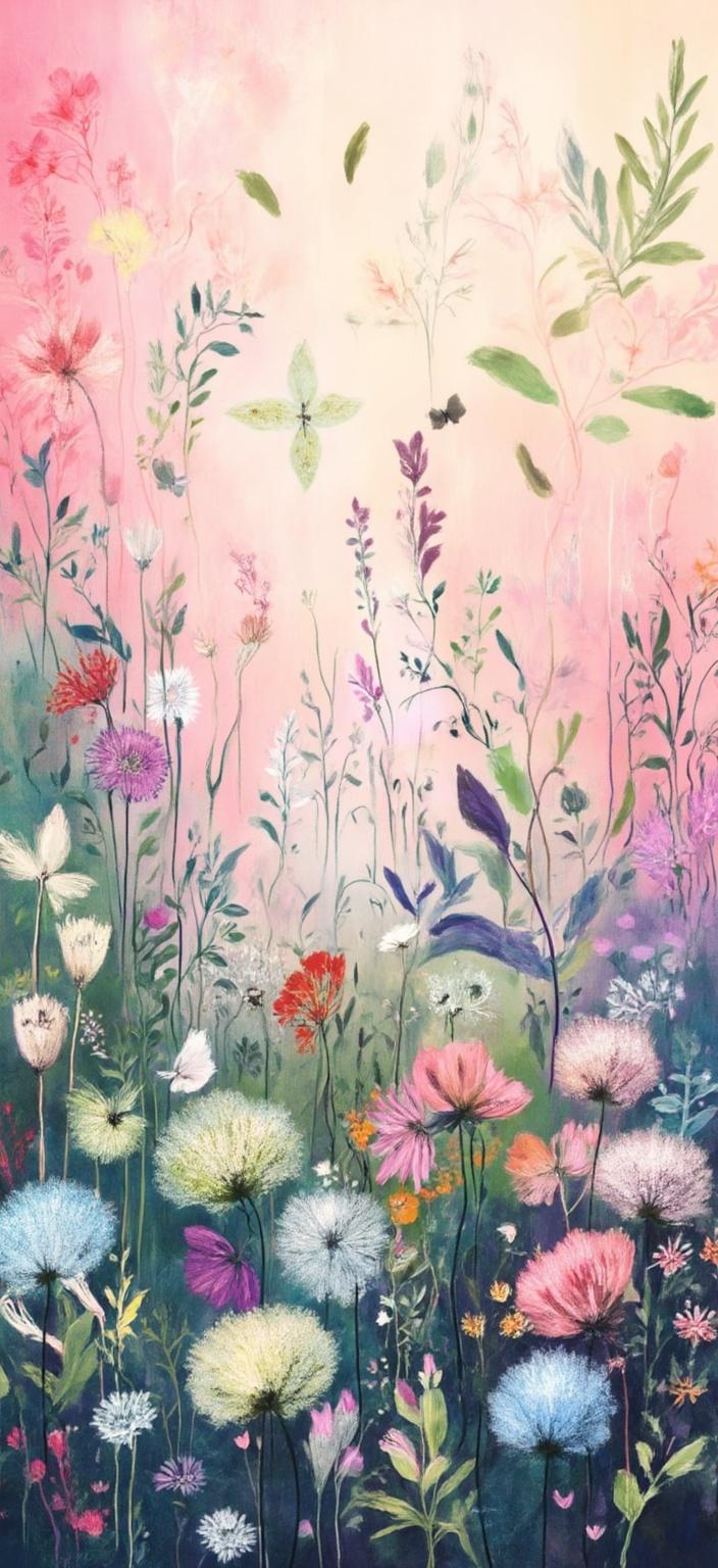 colorful_illustration, In this captivating digital wallpaper, the painting effortlessly embodies a dreamy color palette that brings the soft meadow to life. The artwork combines elements of vibrant and colorful illustration with playful dynamics and a hand-drawn feel. A profusion of butterflies flutters gracefully, their delicate wings casting gentle shadows upon the lush meadow. The air is alive with floating dandelions, their wispy seeds dancing whimsically among the butterflies, contributing to the scene's ethereal ambiance.

The background is a testament to the Scandinavian folk art and mid-century botanical prints style, adorned with organic shapes and scattered, decorative elements. Various leaves and floral motifs are artfully arranged across the canvas, lending a natural, free-flowing quality to the design. These elements, interspersed with dots, swirls, and abstract motifs, add a layer of intricate detail and movement.

The lavish and decorative style of this painting is further emphasized by the luxurious layering of colors and patterns, skillfully creating a sense of depth. Bold organic shapes intertwine with delicate details, while radial floral patterns create a harmonious composition that draws the viewer in. This artwork is perfectly centered, ensuring a crisp, clean look ideal for transforming any space with its serene yet vibrant presence, making it an exquisite digital wallpaper.