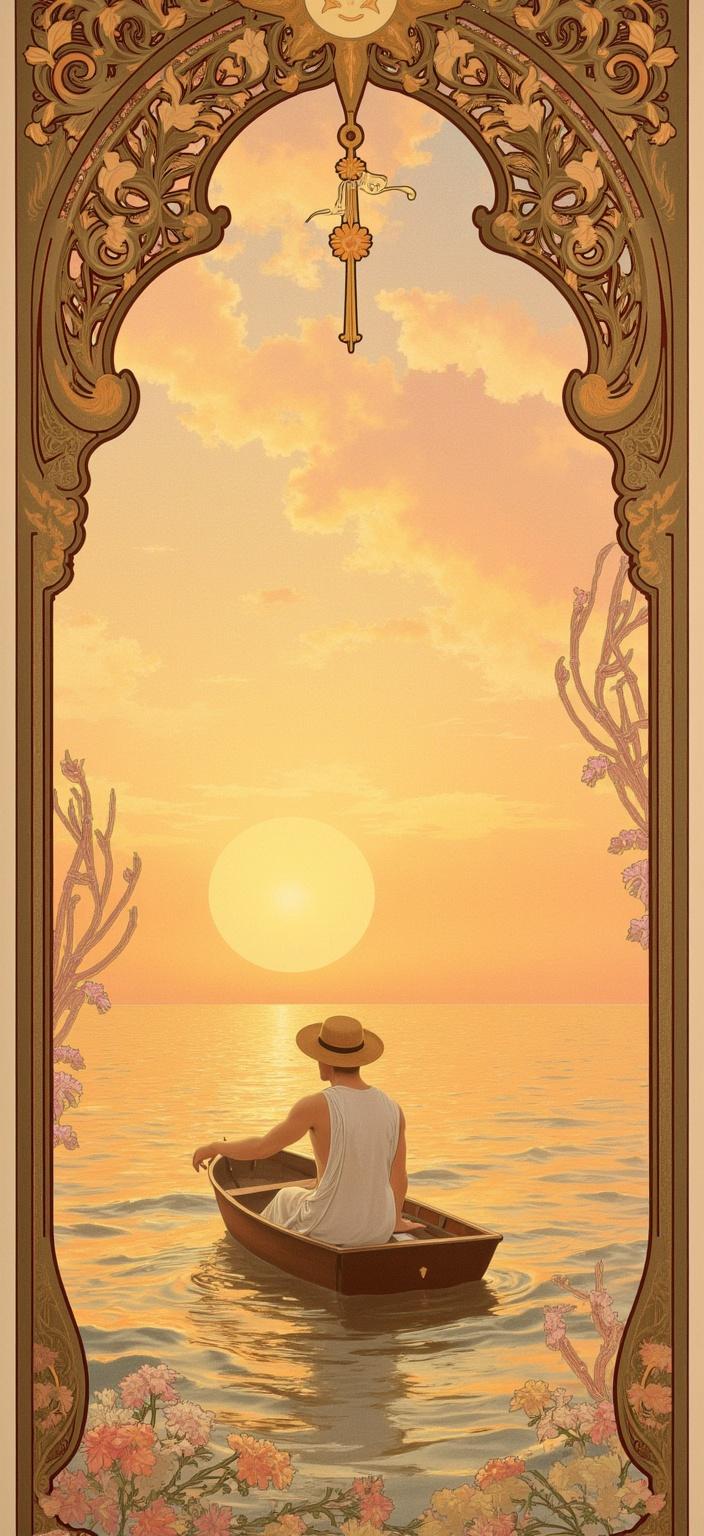 mucha, In the heart of this digital wallpaper, a small rowboat is depicted with a man wearing a straw hat, as seen from behind, gently drifting through the rhythmic, undulating waves. These waves are a masterpiece in themselves, reflecting the warm hues of a breathtaking sunset that bathes the entire scene in golden and amber tones. The painting draws inspiration from a flowing, organic style characterized by intricate decorative patterns and a harmonious blend of natural motifs.

The water's surface is a symphony of flowing lines and undulating curves, capturing the gentle caress of the breeze and the subtle movement of the boat. The sunset not only paints the sky in a cascade of soft pinks, purples, and oranges but also casts a mesmerizing glow on the water, creating an ethereal interplay of light and shadow.

The scene is enriched with Mucha’s signature style, where delicate colors and exuberant floral motifs abound. Sinuous vines and blooming flowers intertwine with subtle geometric patterns, infusing the composition with a refined, ornamental quality. As your eyes travel upwards, celestial elements appear, with stars and crescent moons mingling amid the vines, adding a touch of mysticism and wonder to this romantic tableau.

Framing this dreamlike vista is an elaborate ornamental border, its sweeping curves and detailed embellishments reminiscent of a grand Gothic window. This intricate frame, adorned with organic patterns, flowers, and celestial symbols, serves as a portal into a realm where nature and human emotion intertwine in poetic harmony. It seamlessly brings together the fine art and design elements, ensuring a crisp, clean look suitable for digital wallpaper, inviting the viewer to drift into this magical world with the gentle rhythm of the waves.