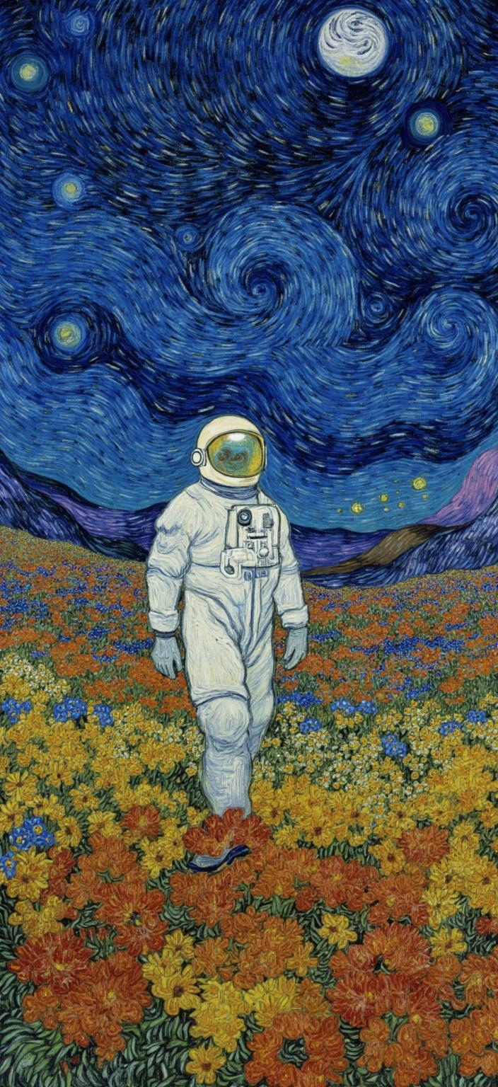 van_gogh, In a breathtaking digital artwork that captures the imagination, an astronaut stands amidst a lush sea of vibrant flowers on a distant, mysterious planet. The flowers, in all their exotic glory, display a dazzling palette of intense colors, ranging from deep blues and fiery oranges to radiant yellows and regal purples, embodying the bold complementary contrasts of the style. The background reveals a majestic, alien sky with swirling celestial patterns, enhancing the sense of wonder and exploration.

Painted with dynamic brushwork, the scene is infused with a sense of movement and emotional depth. The thick, impasto layers of paint seem to leap off the canvas, creating a sense of immediacy and vitality. The brushstrokes are loose and energetic, forming curling, flame-like patterns that wind their way through the composition, echoing the rhythmic pulse of the universe itself.

The astronaut, clad in a sleek, reflective suit, stands at the center, grounding the artwork with a sense of personal introspection amidst the cosmic spectacle. The contrast of their human form against the otherworldly flora and vast, expansive sky adds a layer of emotional richness, suggesting themes of discovery, solitude, and connection to the universe.

This painting, suitable for a digital wallpaper, captures the viewer's attention with its bold colors and expressive compositions, making it both a striking visual experience and a profound, universally compelling piece that resonates on a deeply emotional level.