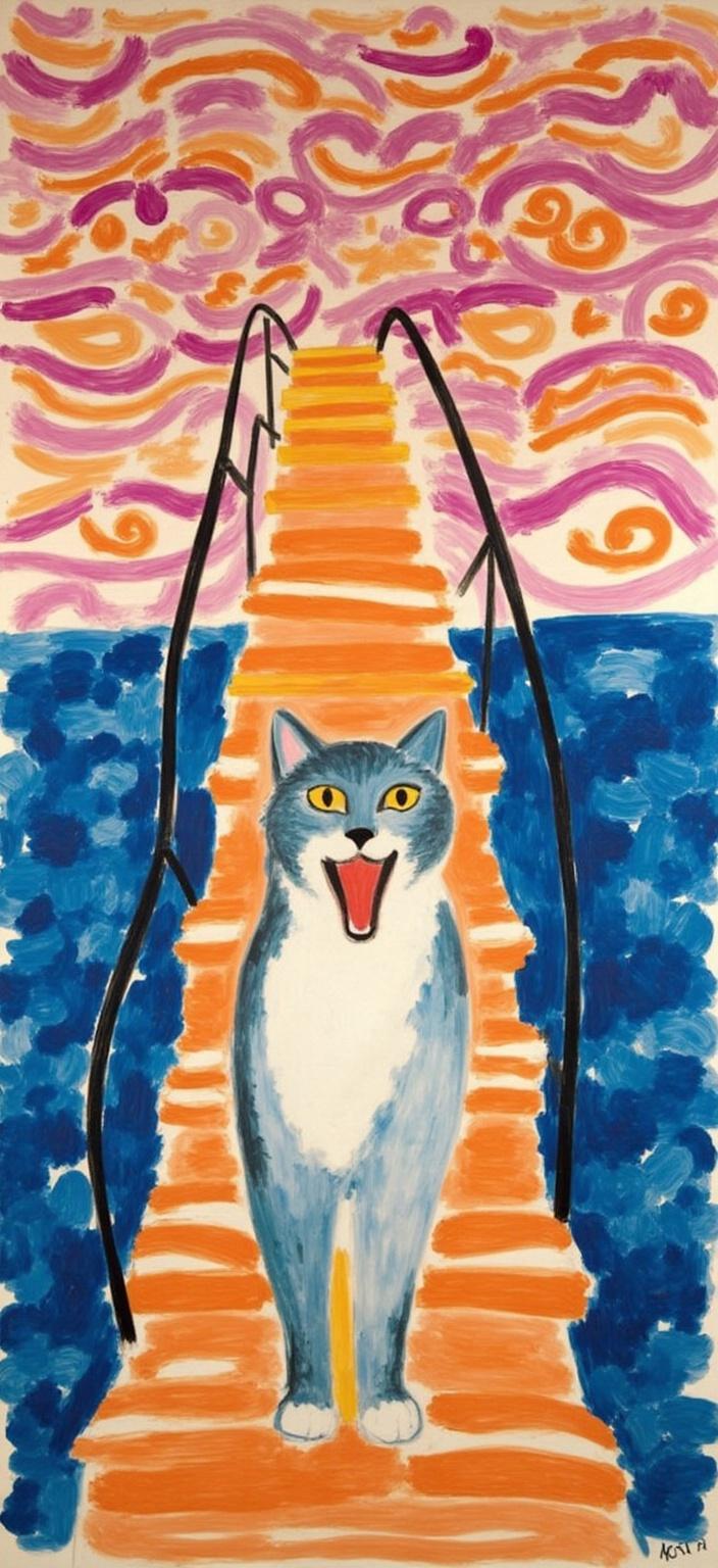 mattise_nice, A digital wallpaper capturing a whimsical interpretation of a surprised, wide-eyed cat standing in the middle of an arched bridge, its mouth open in a dramatic scream, reminiscent of Edvard Munch’s iconic 'The Scream'. The bridge stretches gracefully across the canvas, framing the central cat in a bold, vivid stance. The cat's expression is exaggerated and comical, with its fur painted in rich, textured oil strokes that echo the energetic style of Henri Matisse's "Matisse in Nice" period.

The sky behind the cat is a mesmerizing swirl of vibrant orange, deep purple, and soft blue tones, creating a dynamic, dreamlike backdrop. The swirling colors are painted in broad, expressive brush strokes, capturing the surreal essence of both Munch’s and Matisse’s styles. The bridge's wooden planks are depicted with gentle curves and fluid lines, drawing the viewer's eye toward the feline protagonist.

The overall atmosphere is dramatic yet humorous, balancing the surreal with a touch of whimsy. The composition is centered to ensure a crisp and clean look, perfect for digital wallpaper. The blending of Matisse-inspired color palettes and Munch-like expressionism results in a captivating piece that is both playful and visually striking, ready to adorn any digital space.