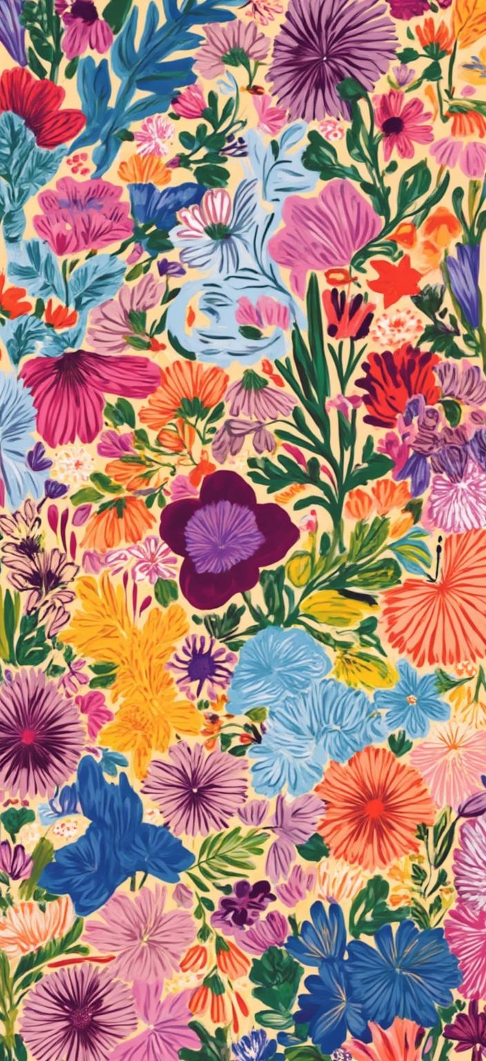 colorful_illustration, In the center of this vibrant and colorful illustration, a cute cat sits surrounded by a lush tapestry of wildflowers. The cat, with its playful demeanor and curious eyes, is depicted in a dynamic and hand-drawn style that exudes charm and whimsy. It is positioned amidst a harmonious array of organic shapes and decorative elements, creating a natural, free-flowing quality across the canvas. The background is a feast for the eyes, adorned with various leaves and floral elements, each meticulously arranged to enhance the artwork's intricate composition. Scattered ornamental elements such as dots, swirls, and abstract motifs add to the luxurious layering of colors and patterns. These details create a sense of depth and movement, guiding the viewer's gaze across the scene. Inspired by the lavish and decorative style reminiscent of Scandinavian folk art and mid-century botanical prints, the painting captures a perfect blend of bold organic shapes and delicate details. The radial floral patterns and hand-drawn feel imbue the artwork with a timeless beauty, making it an ideal centerpiece for a digital wallpaper that exudes warmth and liveliness.