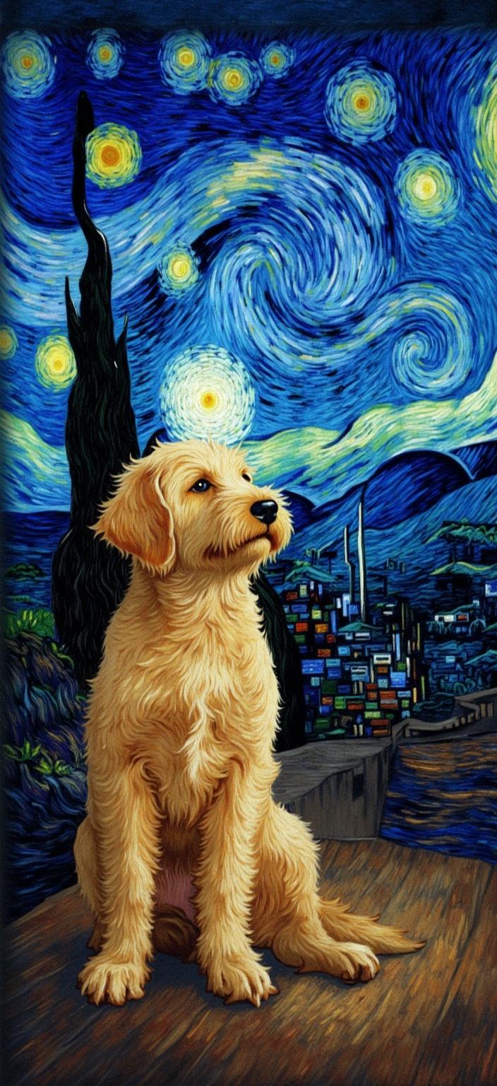 van_gogh, In the foreground of this captivating digital artwork, a fluffy puppy Golden Doodle sits attentively, its expressive eyes wide with wonder as it gazes up at the vast, starry sky above. The night sky is alive with swirling constellations and radiant stars, each painted with intense, vivid colors that seem to pulsate with energy and life. Deep blues and rich purples dominate the sky, contrasted strikingly by the warm glow of scattered golden and orange stars, creating a mesmerizing tapestry of light and color that feels both infinite and intimate.

The brushwork is dynamic and expressive, with thick, impasto layers applied to give the scene a palpable texture. Loose, curling brushstrokes mimic the gentle curls of the puppy's fur, echoing the swirling patterns of the celestial background. This rhythmic quality infuses the painting with a sense of movement and emotional depth, as if capturing a fleeting, yet profound moment of connection between the earthly and the ethereal.

This artwork is designed to be the centerpiece of any digital wallpaper, ensuring a crisp, clean look suitable for display. The composition is perfectly centered, drawing the viewer's eye directly to the heart of this enchanting scene. The painting, infused with raw emotion and a sense of urgency, manages to convey both a deeply personal encounter and a universally compelling vision of wonder and exploration.