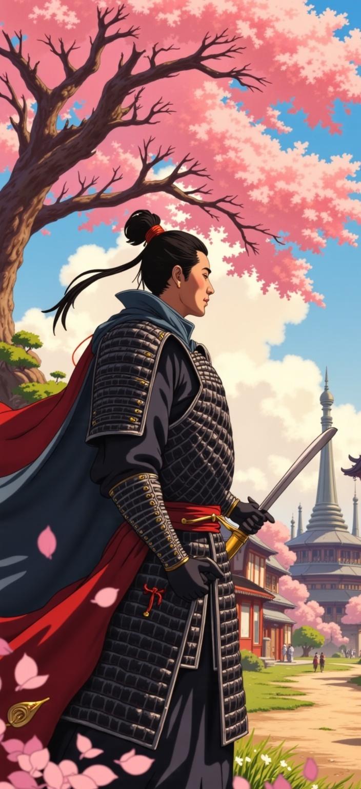ghibli_illustration, Enriched prompt: 

Create a captivating digital wallpaper featuring an ancient Japanese warrior, resplendent in intricately detailed black armor that glistens under the warm, natural lighting. The warrior, poised gracefully, holds a gleaming sword with both hands, its blade reflecting the radiant colors of the scene. This hand-drawn animation-inspired artwork should exude a whimsical yet honorable aura, capturing the essence of traditional Japanese culture.

The background should be richly detailed and feel vibrantly alive, with an array of traditional Japanese motifs subtly integrated into the scenery. Perhaps a serene cherry blossom tree stands gracefully in the distance, its petals gently cascading around the warrior, adding to the dreamlike quality of the scene. The environment should incorporate everyday objects such as ancient scrolls and intricately rendered textures that evoke a sense of tangible history.

The painting should have a soft, painterly texture with pencil sketch elements that offer a hand-drawn feel, complemented by subtle imperfections and organic movement. The use of bright, yet slightly muted colors should avoid harsh contrasts, creating a nostalgic and cozy atmosphere, inviting viewers to be drawn into this fantastical scene.

Position the warrior in the center of the composition, ensuring accurate proportions and clear visibility to maintain a crisp, clean look. This will make the artwork not only suitable for viewing but also ideal for printing onto digital wallpapers, offering a stunning and evocative portrayal that bursts with life and story.