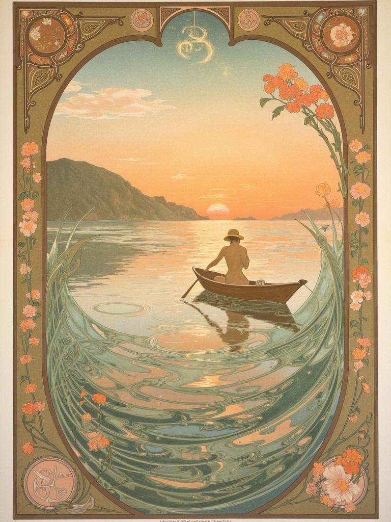 mucha, The painting is centered around a serene scene featuring a small rowboat with a man in a straw hat, depicted from behind, gently drifting through rhythmic, undulating waves that reflect the warm hues of a breathtaking sunset. This artwork draws inspiration from the flowing, organic lines and intricate decorative patterns characteristic of the Art Nouveau style, particularly the romantic and harmonious aesthetics typical of Alphonse Mucha. The composition is suffused with a delicate palette of colors that softly transition from the golden and pinkish tones of the setting sun to the deeper blues and purples of the encroaching twilight.

In this dreamlike scene, the water is adorned with exuberant floral motifs—sinuous vines and blooming flowers seem to dance upon the surface, merging seamlessly with subtle geometric patterns. The sky above features celestial elements, with stars beginning to twinkle amidst the soft clouds, lending an ethereal quality to the upper portion of the painting.

The entire image is enclosed within an elaborate ornamental frame, its design reminiscent of a grand Gothic window. This sweeping border is rich with detailed embellishments, including organic patterns, stylized flowers, and celestial symbols. The frame acts as both a visual unifier and a gateway into this enchanting world, where nature and human emotion are intricately woven together, creating a poetic and harmonious balance.

This exquisite painting captures the tranquility and subtle emotion of the moment, making it an ideal subject for a digital wallpaper designed to bring a touch of elegance and serene beauty to any wall space.