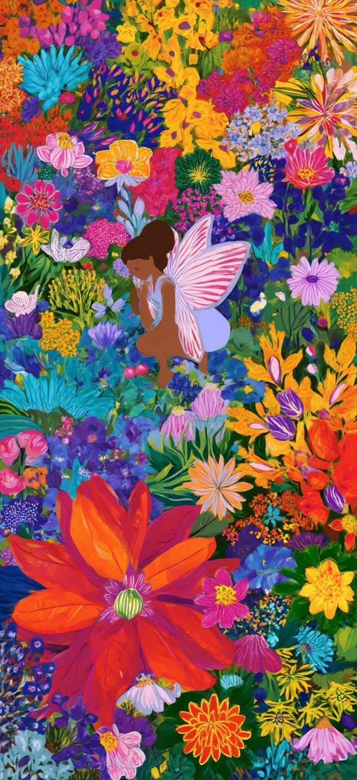 colorful_illustration, Enriched prompt:

In the center of the painting, a serene fairy kneels gracefully beside a tranquil lily pond, her delicate fingertips gently caressing the water's surface. She is surrounded by a vibrant tapestry of koi fish and blossoming lotus flowers, each painted in rich, vivid hues that dance with the light, creating a dynamic interplay of colors. Her reflection in the water is a mesmerizing mirrored pattern, adding an element of symmetry and wonder to the scene.

The painting draws inspiration from a vibrant and colorful illustration style, characterized by a playful, dynamic, and hand-drawn feel. The background is an exquisite composition of organic shapes, adorned with scattered decorative elements, including an array of leaves and floral motifs. These elements are arranged harmoniously across the canvas, imbuing the design with a natural, free-flowing quality that captivates the eye.

Embracing a lavish, decorative style, the intricate composition blends bold organic shapes with delicate details. Scattered ornamental elements, such as dots, swirls, and abstract motifs, add layers of complexity and charm. The luxurious layering of colors and patterns creates a profound sense of depth and movement, drawing the viewer deeper into the fairy's enchanted world.

The organic shapes and radial floral patterns further enhance the hand-drawn feel of the painting, reminiscent of Scandinavian folk art and mid-century botanical prints. This fusion of styles results in a harmonious and enchanting visual narrative, ideal for digital wallpaper, where the intricate details and vibrant colors can be fully appreciated and enjoyed.