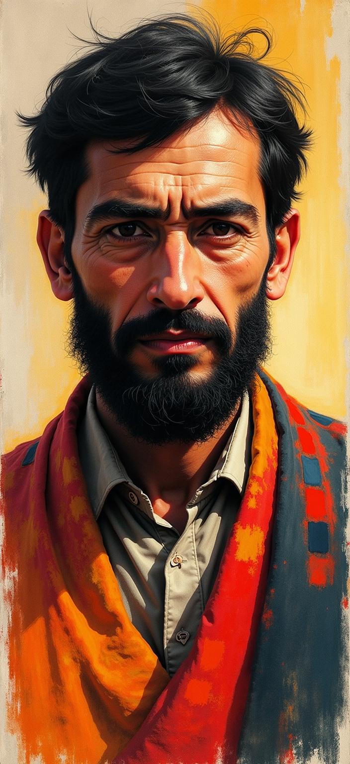 rothko, Create a captivating image of a Kurdish man, illustrated with a palette that layers translucent colors to evoke an "inner light" and remarkable luminosity. The man's traditional attire is intricately detailed, with textures that suggest a depth and history embedded within each fabric fold. His facial features convey wisdom and resilience, capturing the spirit and cultural essence of the Kurdish people. The use of color is paramount; hues melt and fuse together, with boundaries between shapes purposefully blurred. At close inspection, the paint appears to drip or run in unconventional directions, creating a richly varied surface. These techniques create floating zones of color that hover weightlessly across the digital canvas. From a distance, the softened edges of these rectangles and shapes come together to form a harmonious image, inviting viewers to focus and admire the luminous complexity. The image is centered, ensuring a crisp, clean look ideal for transforming into a stunning digital wallpaper, ready to grace any screen with its unique blend of tradition and modern artistry.