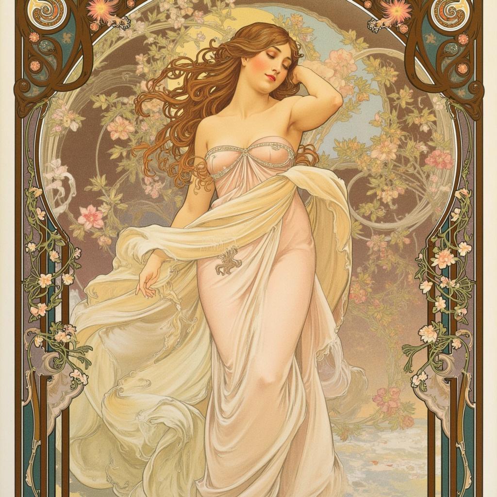 mucha, A stunning painting of a nymph-like female figure is at the center of this artwork. She is adorned with ornate decorations that echo the intricate beauty of nature itself. Her flowing hair cascades like gentle streams, interwoven with delicate vines and adorned with blooming flowers. Her ethereal presence is further enhanced by celestial elements, such as twinkling stars and a gentle moonlit glow that adds an otherworldly charm to her figure.

The painting is infused with the flowing, organic lines and intricate decorative patterns characteristic of a Mucha-inspired style. The background is a dreamlike tapestry of swirling natural motifs that seamlessly blend with the figure, creating a romantic and harmonious aesthetic. The palette is a soft symphony of delicate colors, with pastel hues harmonizing with exuberant floral motifs.

The composition is elegantly framed within an elaborate ornamental border, reminiscent of a grand Gothic window. This intricate frame, with its sweeping curves and detailed embellishments, is adorned with organic patterns of vines, flowers, and celestial symbols. It acts not only as a visual unifier but also as a gateway, inviting the viewer into a poetic realm where nature and human emotion intertwine seamlessly.

This centered composition ensures a crisp, clean look, making it a perfect piece of wall art. The painting is poised to captivate any viewer, turning any space into an enchanting abode where fine art and design merge in exquisite harmony.
