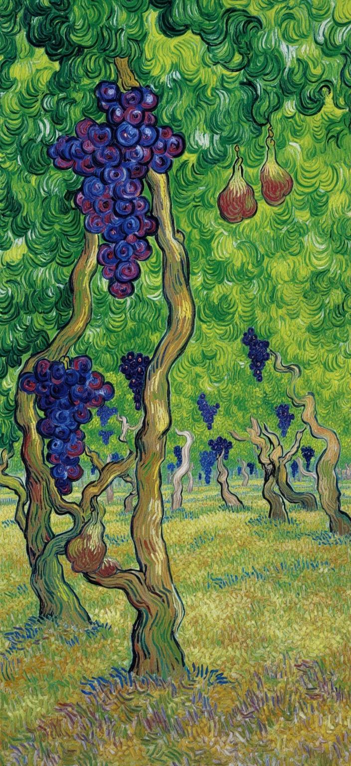 van_gogh, In the center of this vibrant digital wallpaper, a mesmerizing still life composition unfolds, capturing the essence of a serene vineyard. Grapes and figs hang luxuriously on twisting vines, their plump forms rendering a deliciously tactile allure. Bathed in dappled sunlight, the interplay of light and shadow dances across the scene, enhancing the natural textures and contours of the fruit.

This artwork draws inspiration from a style characterized by intense color, dynamic brushwork, and bold, expressive compositions. Vivid, rich hues envelop the canvas—deep purples and lush greens cascade into each other, applied in thick, impasto layers to evoke a sense of movement and emotional depth. The bold complementary color contrasts, such as the rich purples of the figs against the verdant green leaves, heighten the visual impact and intensity of the piece.

Loose, energetic brushstrokes swirl across the surface, reminiscent of curly, flame-like patterns that imbue the scene with a rhythmic, almost pulsating quality. This dynamic touch, coupled with vigorous, linear patterns, injects a unique sense of motion and vitality, capturing the tranquil yet lively spirit of a vineyard.

The painting is infused with raw emotion and a sense of urgency, making it both deeply personal and universally compelling. Suitable for printing as a digital wallpaper, this artwork promises to transform any space with its vibrant color palette and expressive, life-affirming energy. The composition is precisely centered, ensuring a crisp, clean look that will captivate viewers and enhance any modern interior with its painterly charm and evocative storytelling.
