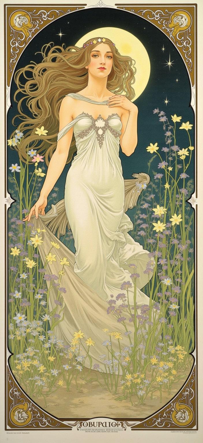 mucha, In a dreamlike realm under the gentle embrace of moonlight, a mystical fairy stands gracefully among a lush carpet of violets and forget-me-nots. Her luminous hair, resembling silver threads, cascades down her shoulders, reflecting the celestial glow. Stylized stars are intricately woven into the fabric of her wings and delicate dress, adding a touch of ethereal magic to her presence.

The artwork draws inspiration from the flowing, organic lines and intricate decorative patterns reminiscent of Mucha's style, merging natural motifs with celestial elements. The scene radiates a romantic and harmonious aesthetic, where finely detailed vines, blooming flowers, and subtle geometric patterns blend seamlessly with the fairy's enchanting form.

Surrounding this ethereal vision is an elaborate ornamental frame, echoing the grandeur of a Gothic window with its sweeping curves and detailed embellishments. This intricate border, adorned with organic patterns, flowers, and celestial symbols, not only unifies the composition but also invites the viewer to step into a realm where nature and human emotion entwine in poetic harmony.

The background, highly stylized yet subtly ornate, further enhances the fairy's mystical presence, creating a digital wallpaper that captures the imagination with its refined, ornate beauty.