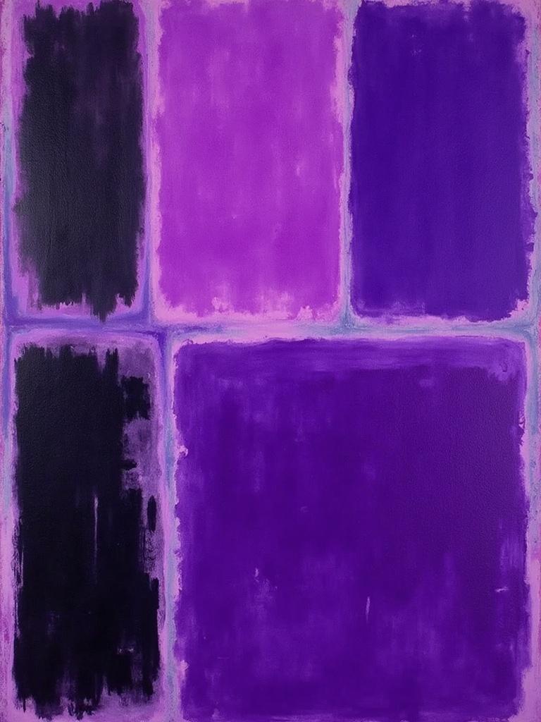 rothko, The painting features luminous blocks of purple and black, arranged with an ethereal quality that captivates the viewer's gaze. The composition is inspired by the style of complex layering of translucent color, where each layer delicately allows light to filter through, creating an enchanting appearance of "inner light" and remarkable luminosity. Up close, the colors melt and fuse together, with blurred boundaries that gently blur the edges between the shapes. From a distance, the soft-edged rectangles appear to hover weightlessly on the canvas, forming floating zones of vibrant color. The richly varied surfaces reveal paint drips and strokes that run in unconventional directions, adding depth and intrigue to the artwork. Designed with a crisp, clean center focus, this piece is perfectly suited for wall-art, promising to transform any space with its mesmerizing interplay of light and color.