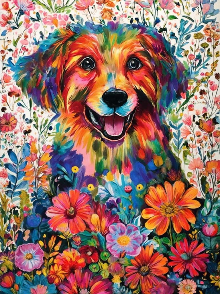 colorful_illustration, The painting features a joyful, smiling dog that radiates warmth and happiness, positioned centrally to capture the viewer’s attention immediately. The dog’s fur is intricately detailed with vibrant colors, capturing the lively essence of its playful nature. Its eyes sparkle with a hint of mischief, and its slightly tilted head adds an endearing charm.

The background unfolds a lush and vibrant tapestry inspired by Scandinavian folk art and mid-century botanical prints. The canvas is awash with a spectrum of bold and dynamic colors, layered luxuriously to evoke a sense of movement and vitality. Organic shapes blend seamlessly with delicate details, creating a dynamic interplay of depth and texture.

Scattered throughout the composition are intricate decorative elements such as dots, swirls, and abstract motifs, each contributing to a sense of whimsy and liveliness. The scene is further enriched with a harmonious arrangement of various leaves and floral elements that radiate outward in a radial pattern, enhancing the free-flowing, hand-drawn quality of the piece.

This vibrant and colorful illustration is designed with a crisp, clean look, making it ideal for wall-art. The overall composition exudes a sense of joy and tranquility, inviting viewers to lose themselves in its intricate details and the delightful presence of the smiling dog.