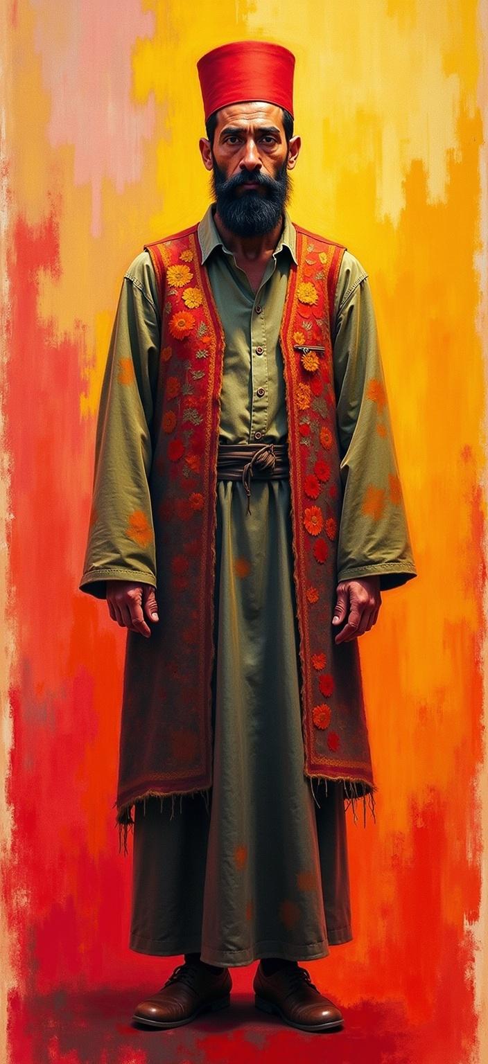 rothko, Create a captivating digital wallpaper featuring a Turkish man as the central figure. The composition should reflect the unique aesthetic of complex layering of translucent colors, allowing light to filter through and imparting the artwork with an appearance of "inner light" and remarkable luminosity. The Turkish man should be depicted in traditional attire, perhaps wearing a fez and a richly embroidered vest, standing with a dignified posture. His expression should convey a sense of wisdom and serenity, with intricate details in his facial features.

The painting should showcase a harmonious blend of colors, where at a close range, the hues seem to melt and fuse together, creating blurred boundaries between the shapes. From a distance, these soft-edged rectangles should hover weightlessly on the canvas, appearing as floating zones of color. This technique should produce richly varied surfaces, with paint drips or strokes running in unconventional directions, adding depth and complexity to the overall visual experience.

The artwork should be centrally composed to ensure a crisp and clean look, perfectly suited for printing as a digital wallpaper, enhancing any digital space with its ethereal and serene presence.