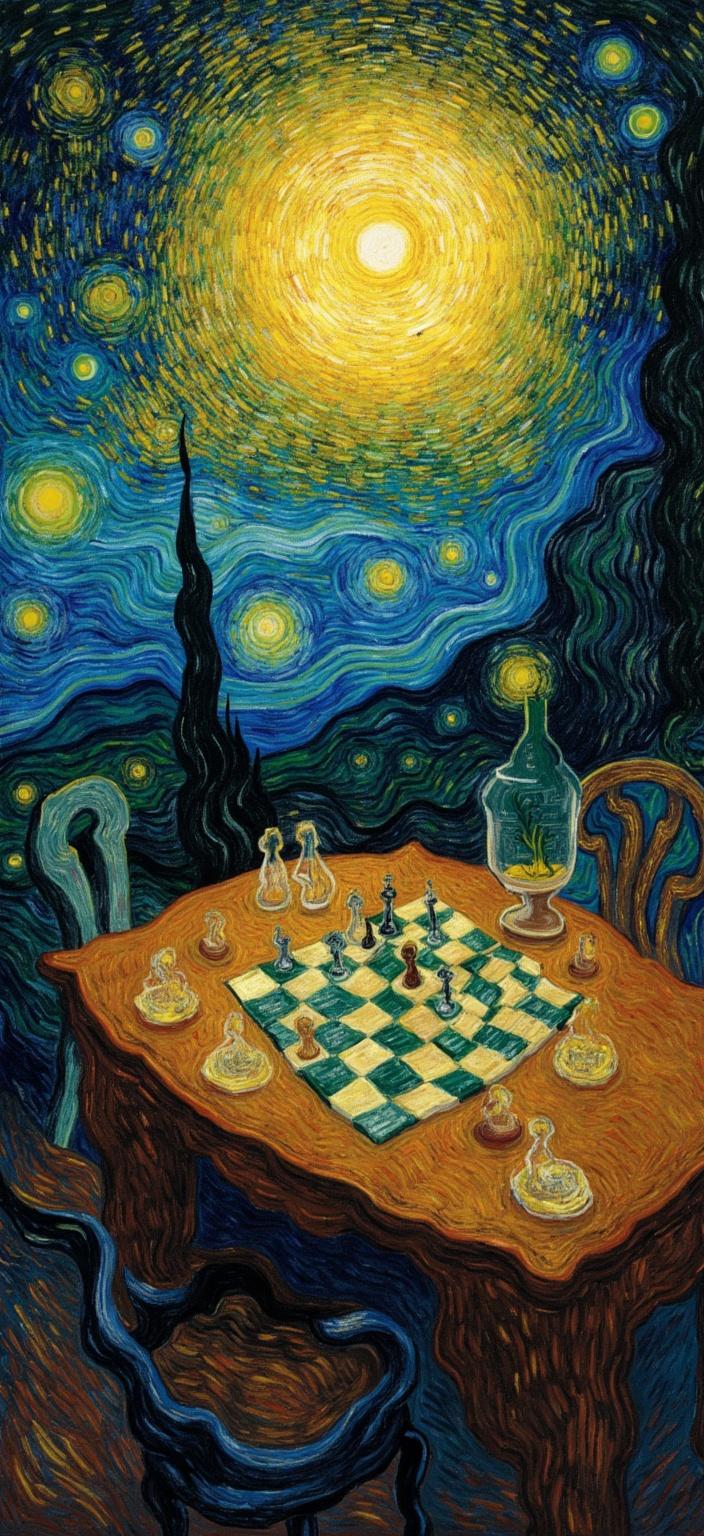 van_gogh, Title: "Celestial Chessboard"

Enriched Prompt: Imagine a captivating scene where a chess board sits elegantly under a mesmerizing starry night, painted with intense color and dynamic brushwork to evoke a sense of cosmic wonder. The composition is bold and expressive, capturing the ethereal dance of stars across the sky. Vivid, rich colors are applied in thick, impasto layers, translating the depth of the night and the mystique of the celestial landscape onto the canvas. 

The chess board itself is illuminated by the soft, luminescent glow of the stars above, each piece casting a long shadow across the checkered surface. The board's dark, polished wood contrasts with the vibrant hues of the night sky, bathed in swirling blues and flaming oranges that create a harmonious yet striking balance. 

The painting is infused with raw emotion and a sense of urgency, echoing the eternal battle of strategy and intellect played out under the vast expanse of the universe. The brushstrokes are loose, energetic, and often swirling, with curly, flame-like patterns intertwined with the constellation patterns, imbuing the scene with a rhythmic, almost pulsating quality. This dynamic touch, combined with vigorous, linear patterns, results in a unique sense of motion and life, as if the stars themselves are participating in the grand game below.

Centered perfectly for a digital wallpaper, this artwork offers a crisp, clean look, ideal for printing and transforming any space into a window to the stars, capturing the viewer’s imagination with its universal and deeply personal narrative. The resolution of 2304 x 3687 ensures every detail and vivid color is rendered with stunning clarity, allowing one to lose themselves in the celestial enchantment of this masterpiece.