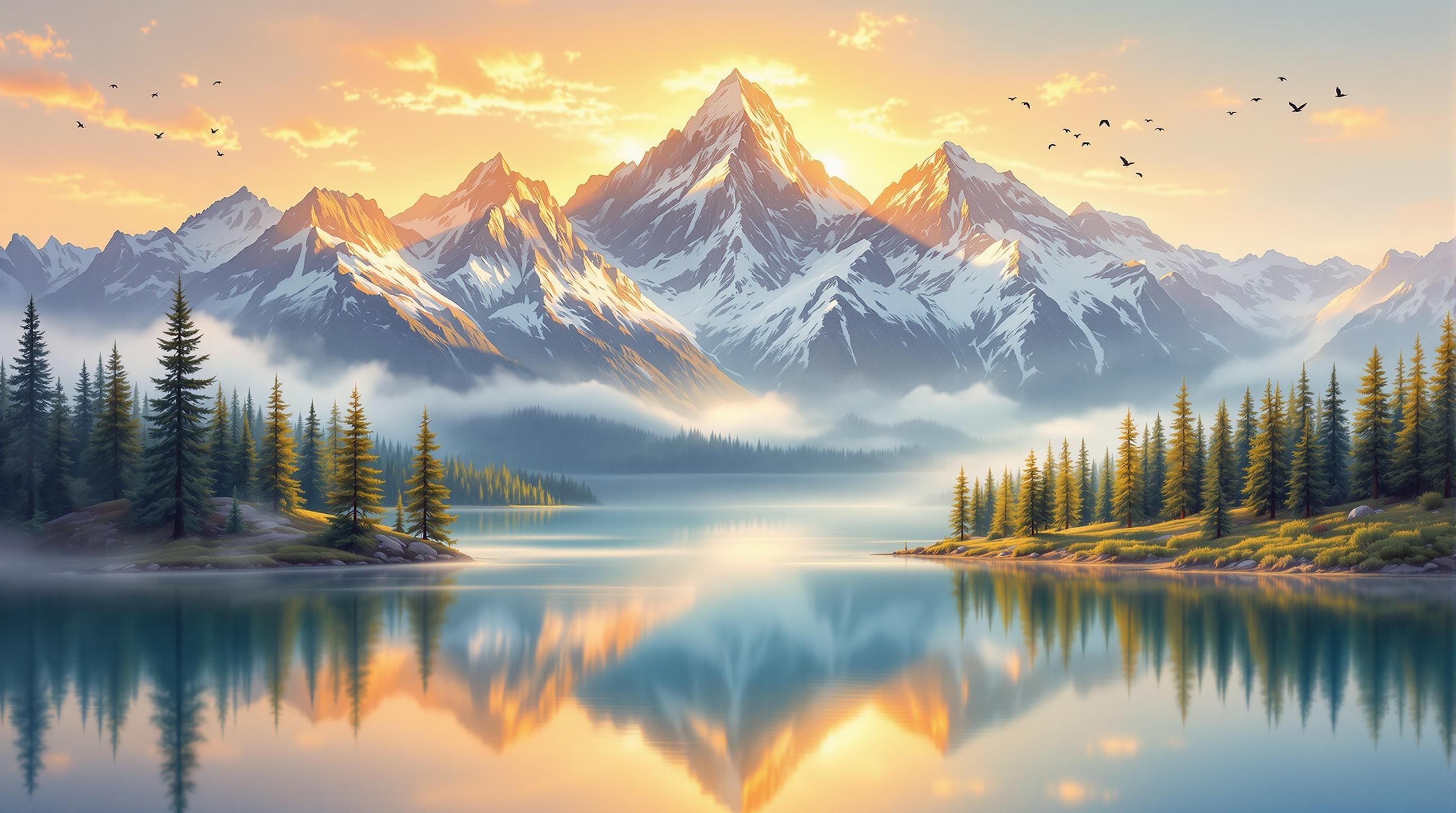 , The painting captures a breathtaking mountain landscape at sunrise, rendered in a classical style that evokes a sense of timeless beauty and serenity. The scene is a harmonious blend of nature's grandeur and tranquility, perfectly suited for a digital wallpaper. Centered to create a crisp, clean look, the composition features majestic, snow-capped peaks bathed in the golden glow of the rising sun. The warm rays of sunlight cascade gently over the mountains, highlighting their rugged contours and adding depth to the scene.

In the foreground, a serene lake mirrors the mountains and sky, its surface an ethereal canvas of vibrant colors that shift with the light. The reflection is so precise and detailed, it blurs the line between reality and its mirrored image. Surrounding the lake, lush pine forests stand as silent guardians, their verdant hues contrasting beautifully with the snow-draped summits. A soft mist drifts lazily above the water, adding a dreamy layer to the tranquil atmosphere.

In the distance, a flock of birds takes flight, their silhouettes elegantly etched against the dawn sky. The ultra-realistic portrayal, high detail, and vivid colors evoke a peaceful ambiance that is both invigorating and calming. The artwork is crafted in a 4K resolution with a wallpaper aspect ratio, ensuring it is perfectly framed for use as digital wallpaper, infusing any space with nature's awe-inspiring beauty and the classical style's eternal elegance.