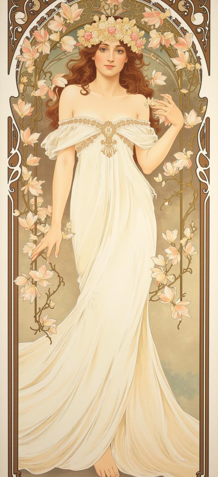 mucha, A magnificent painting emerges, capturing a regal figure at its heart, adorned with an elaborate crown of magnolia blooms, each petal meticulously detailed and exuding elegance. The figure is draped in a flowing white gown that seems to ripple like water, embodying grace and sophistication. Encircling the majestic figure are stylized magnolia branches painted in delicate pastel pinks and shimmering golds, accentuating the serene yet regal ambiance of the scene.

The backdrop is a softly blended painterly expanse, a dreamlike haze that enhances the ethereal quality of the composition. This artwork draws inspiration from the flowing, organic lines characteristic of Mucha’s work, with intricate decorative patterns and a harmonious blend of natural motifs such as flowers, vines, and celestial elements. The painting exudes a romantic aesthetic, seamlessly merging fine art with design, encapsulating the viewer in its timeless beauty.

The composition is enriched with a delightful palette of delicate colors, celebrated through exuberant floral motifs, sinuous vines, and subtly integrated geometric patterns. These elements imbue the painting with an ornamental quality, refined and sophisticated. Mucha’s signature blend of style is evident, as the interplay between figure and nature reflects a poetic harmony.

The entire scene is framed within an elaborate ornamental border, reminiscent of a grand Gothic window. This intricate frame, adorned with organic patterns, flourishing flowers, and celestial symbols, serves as both a visual unifier and an imaginative gateway, inviting the viewer into a dreamlike realm where nature and human emotion are artfully intertwined.

This stunning creation, with its crisp, clean design, is meticulously centered, making it exceptionally suitable for printing as a digital wallpaper. The artwork not only elevates the aesthetics of any space it adorns but also evokes a sense of tranquility and wonder, encapsulating the beauty and intricacy of nature intertwined with human elegance.