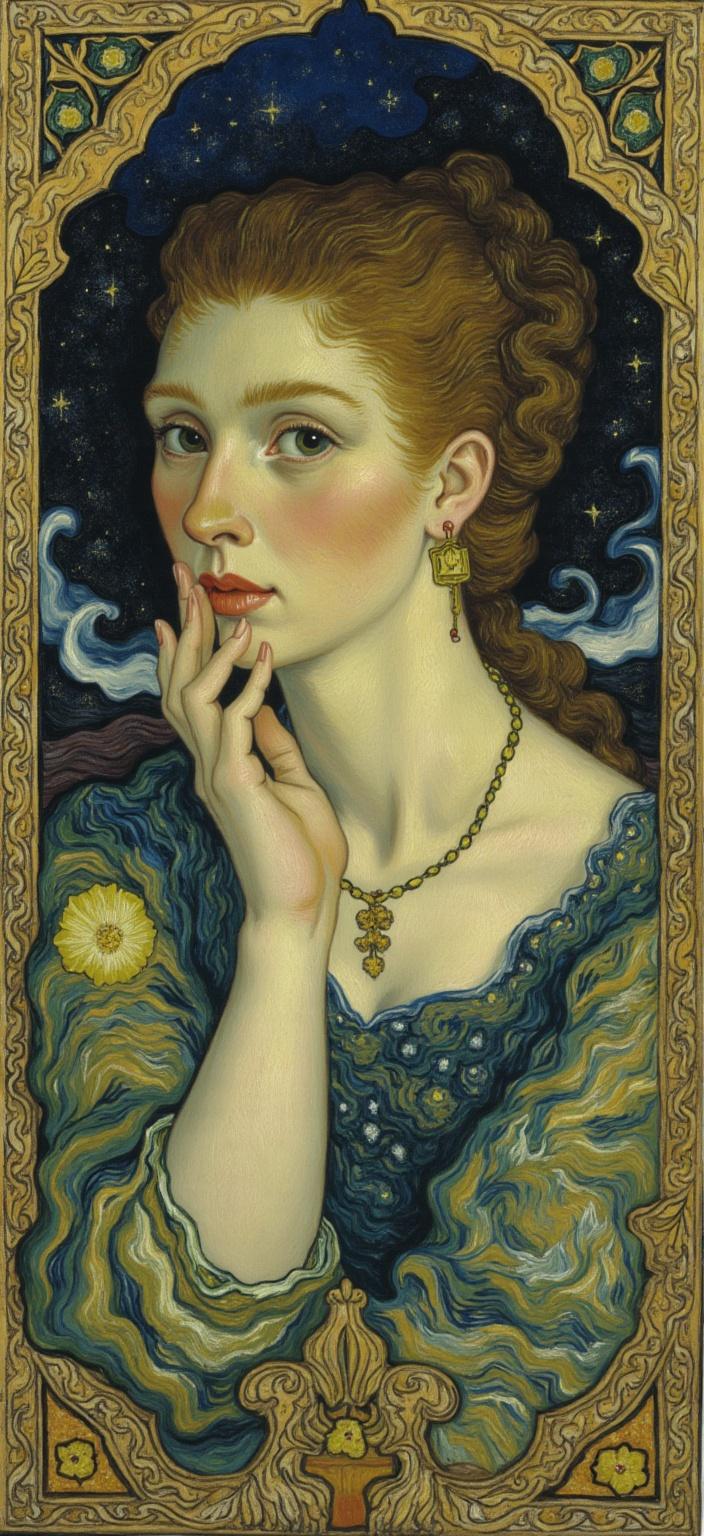 van_gogh, The enriched portrait of a woman exudes an aura of elegance and mystery as she faces the viewer with a serene expression. Her delicate necklace, an intricate masterpiece, gleams under the soft celestial light, drawing attention to its exquisite design. The painting is infused with the vibrant, intense style reminiscent of Vincent van Gogh, characterized by bold, expressive brushwork that captures both movement and emotion. Her auburn hair, alive with swirling, dynamic brushstrokes, is adorned with delicate flowers and vines that seamlessly blend into the composition, symbolizing a harmonious connection with nature.

Her attire, understated yet gracefully detailed, bears decorative patterns echoing the motifs of Art Nouveau, creating a rhythmic visual symphony that captivates and draws the observer deeper into the artwork. The dreamlike backdrop features celestial elements—ethereal stars and gentle moonbeams—interwoven with highly stylized swirling mists and geometric patterns, evoking a sense of romantic nostalgia. 

The painting is further brought to life by a vibrant palette of rich colors—vivid blues and oranges, and warm yellows and purples—applied in thick, impasto layers, creating a pulsating, rhythmic quality in the background. Exuberant floral motifs, with sinuous vines and blooming flowers, weave through the composition, enhancing its refined, ornamental quality.

An elaborate ornamental frame, reminiscent of a grand Gothic window, encases the artwork, its ornate curves, organic patterns, and celestial symbols serving as a visual anchor. This intricate border not only enriches the piece but also acts as a gateway into this ethereal realm, where nature and human emotion intertwine in poetic harmony.

The resulting artwork transforms any digital device into a portal to a dreamlike world, making this digital wallpaper not only an exquisite piece of art but also a statement of beauty and elegance, perfect for anyone seeking to elevate their screen with a touch of classic sophistication and raw emotional intensity.