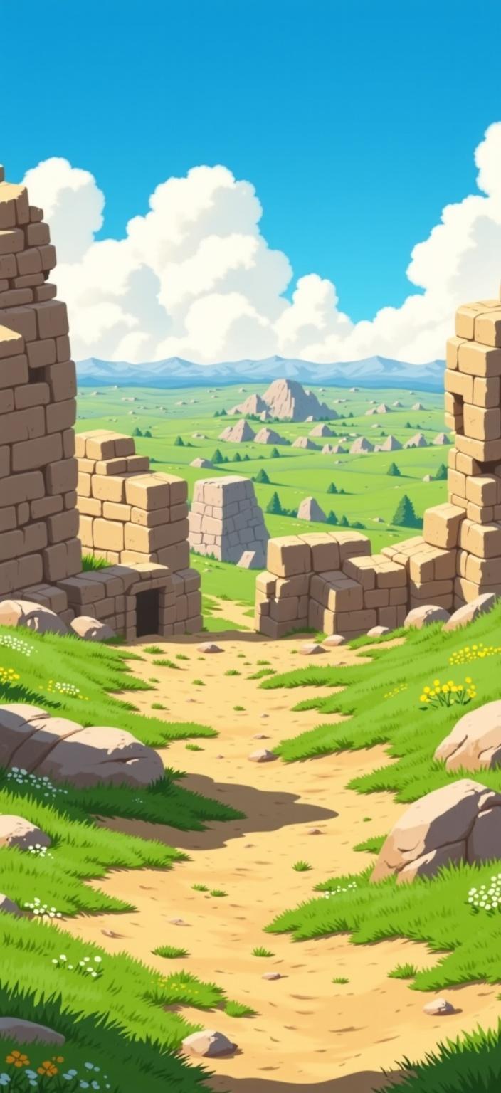 ghibli_illustration, In this painting, imagine the ruins of Tel Megiddo gently embraced by a serene, post-apocalyptic landscape. The remnants of ancient structures rise solemnly from the earth, their crumbling facades hinting at stories from a bygone era. Surrounding these historic ruins, peaceful meadows stretch out in all directions, their grasses swaying gently in a warm, natural breeze that carries a sense of tranquil renewal. Sunlight bathes the scene in a cozy, inviting warmth, casting gentle shadows that play among the ruins and meadows alike.

The style draws inspiration from hand-drawn animation, bringing the scene to life with richly detailed backgrounds and expressive character designs. Bright, vivid colors breathe life into the painting, yet they hold a slightly muted tone to preserve a dreamy, nostalgic ambiance. Every element of the painting is imbued with soft, painterly textures that hint at a hand-drawn feel, with pencil sketches creating subtle imperfections and organic movement. Everyday objects and textures within the scene are meticulously rendered, offering a tangible, lived-in quality that resonates with the viewer.

The composition is centered, ensuring the image is crisp and clean, perfectly suited for printing as a digital wallpaper. The warmth of the natural lighting and the attention to proportion and visibility of the main subjects ensure a harmonious balance, capturing a whimsical and joyful aesthetic that invites viewers into this serene, dreamlike world.