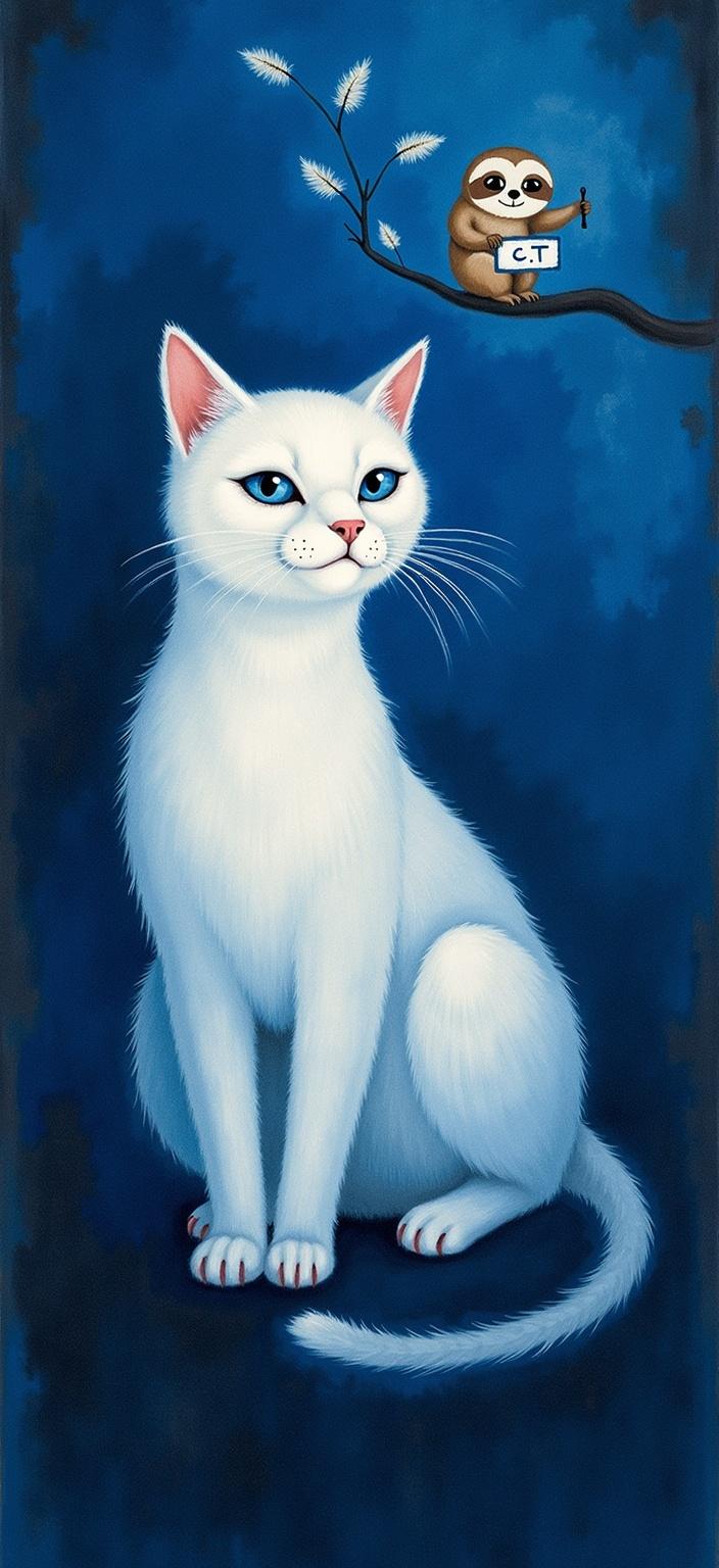 rothko, Title: "Harmony in Hues: A Serene Encounter"

Enriched Description:

In the center of this mesmerizing digital wallpaper, a delicate white cat, delicately adorned with soft, light coffee-hued patches, sits poised and regal. Her eyes are profound pools of deep blue, reminiscent of the twilight sky. This enchanting creature is enveloped in an ethereal dark blue backdrop, creating a serene and immersive atmosphere that invites the viewer to delve deeper into its mysteries.

Beside the graceful feline, a whimsical sloth clings gently to a slender branch, exuding an aura of tenderness and serenity. The sloth holds a small, charming sign inscribed with the initials "CT," adding a touch of intrigue and personalization to the scene.

The painting draws inspiration from a style characterized by the complex layering of translucent colors, which imbue the artwork with a captivating "inner light" and breathtaking luminosity. Richly varied surfaces enhance the sense of depth, with paint drips and strokes flowing in unconventional directions. At a closer glance, the colors appear to melt and blend seamlessly, forming blurred boundaries between the shapes. From a distance, the soft-edged forms hover weightlessly on the canvas, creating floating zones of color that mesmerize and captivate.

This harmonious composition is meticulously centered, ensuring a crisp, clean aesthetic that is perfect for digital wallpaper. It transforms any screen into a portal of tranquility and beauty, where the playful dance of color and light evokes emotions of wonder and peace.