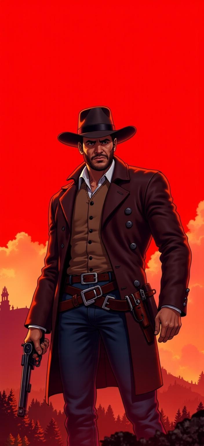 ghibli_illustration, In the center of the image, Arthur Morgan, the rugged and iconic figure from the wild west, stands with a commanding presence, gripping a gun with confidence and precision. His expression is both intense and contemplative, capturing the complexities of his character. The background is an arresting shade of red, creating a vibrant yet harmonious contrast with the soft, painterly textures that envelop the scene. 

The image is painted in a style inspired by hand-drawn animation, where richly detailed backgrounds and expressive character designs abound. The scene is alive with vivid yet slightly muted colors, rendered with a whimsical and joyful aesthetic that infuses the artwork with a sense of nostalgia and dreamlike wonder. The warm, natural lighting bathes Arthur in a cozy glow, emphasizing the inviting mood of the piece.

Arthur's features are meticulously crafted, ensuring accurate proportions and clear visibility, allowing viewers to connect with his character instantly. The background, though richly detailed, does not overshadow the main subject but instead complements it, creating an organic movement that draws the viewer's eye naturally. Everyday objects and textures are discernible, lending a tangible and lived-in feel to the piece.

This digital wallpaper is designed to captivate and inspire, making it a perfect fit for print. Its dreamy, nostalgic quality, along with subtle imperfections and a hand-drawn feel, creates an engaging visual experience that transforms any digital space into a portal to the old west, inviting viewers to journey alongside Arthur Morgan in his storied adventures.