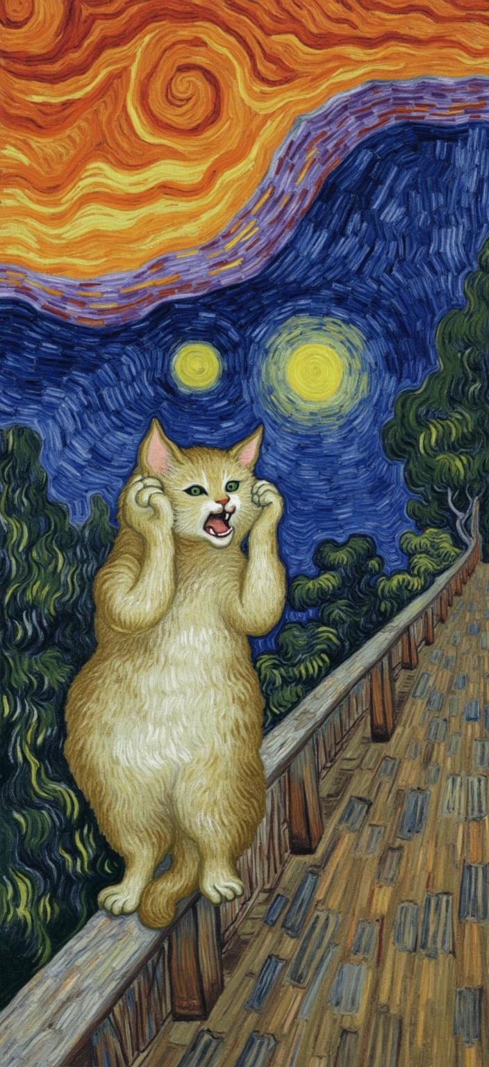 van_gogh, In this captivating digital painting, a humorous and surreal scene unfolds, drawing inspiration from Edvard Munch's iconic 'The Scream'. At its center is a wide-eyed, surprised cat standing on a bridge, its mouth open in a dramatic, exaggerated scream, and its paws covering both ears. The cat's expression is both comical and surreal, perfectly capturing the essence of surprise and whimsy.

The artwork is infused with intense color, dynamic brushwork, and bold, expressive compositions, reminiscent of Munch's style. The cat is portrayed with vivid, rich colors applied in thick, impasto layers, adding a sense of movement and emotional depth to its expression. The background comes alive with a swirling sunset sky, featuring vibrant orange, deep purple, and cool blue tones. These colors are applied with expressive, curling, flame-like brushstrokes that give the scene a rhythmic, pulsating quality.

Complementary color contrasts—such as the blues of the sky paired with the oranges of the sunset—heighten the visual impact and intensity of the piece. The loose, energetic brushstrokes convey a sense of urgency and raw emotion, allowing viewers to connect deeply with the painting's personal yet universally compelling narrative.

Meticulously centered, this visual masterpiece ensures a crisp, clean look, perfect for digital wallpaper. The dramatic, surreal, and humorous atmosphere invites viewers to immerse themselves in its vibrant, whimsical world, offering an ideal blend of Munch-inspired artistry and a unique, contemporary twist.