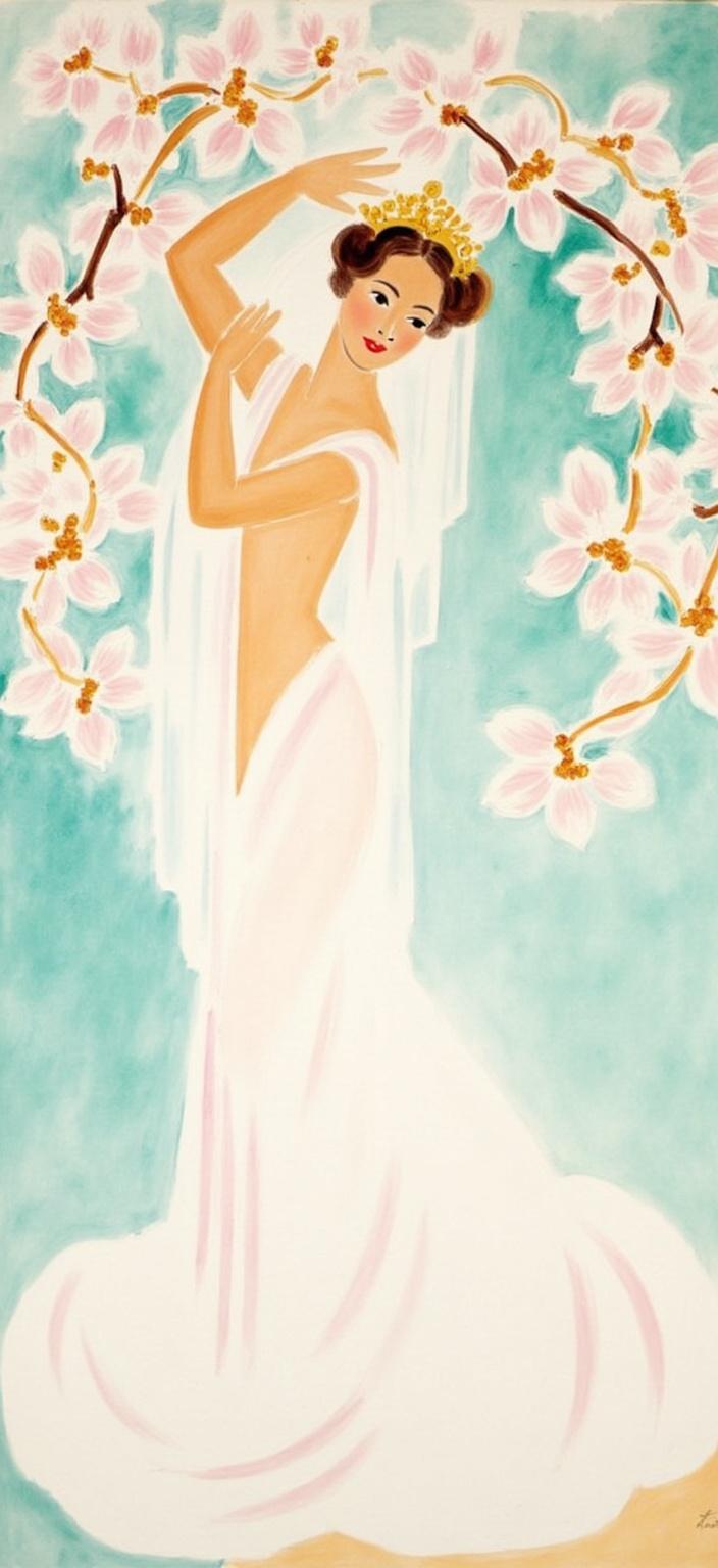 mattise_nice, A stunning digital wallpaper featuring a regal figure poised majestically at the center, adorned with an exquisite, elaborate crown crafted from delicate magnolia blossoms. The crown is a masterpiece of nature's splendor, showcasing a harmonious blend of soft whites, blushing pinks, and subtle hints of gold, reminiscent of spring's gentle beauty. The figure is draped in an ethereal, flowing white gown that cascades elegantly like a waterfall, its folds catching the light and adding a sense of dynamic movement to the composition.

Encircling this captivating figure, stylized magnolia branches weave a graceful frame, their pastel pink petals and golden accents adding a touch of opulence and lightness. The background is rendered in a soft painterly style, drawing inspiration from Matisse's work during his time in Nice. It features gentle swaths of color that blend seamlessly, creating an enchanting, dream-like atmosphere that enhances the figure's serene presence.

The painting is designed with a clean, centered composition, ensuring a luxurious and polished look that is perfect for digital wallpaper. The art brings together elegance, nature, and the timeless charm of Matisse's style, creating a visual feast that transforms any space with its grace and sophistication.